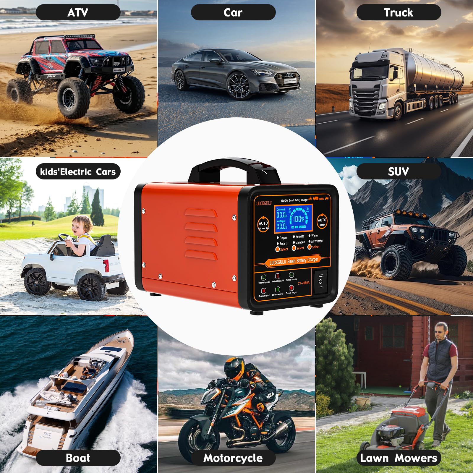 12V/24V Smart Car Battery Charger with Auto Shutoff - for Cars, Boats, Motorcycles