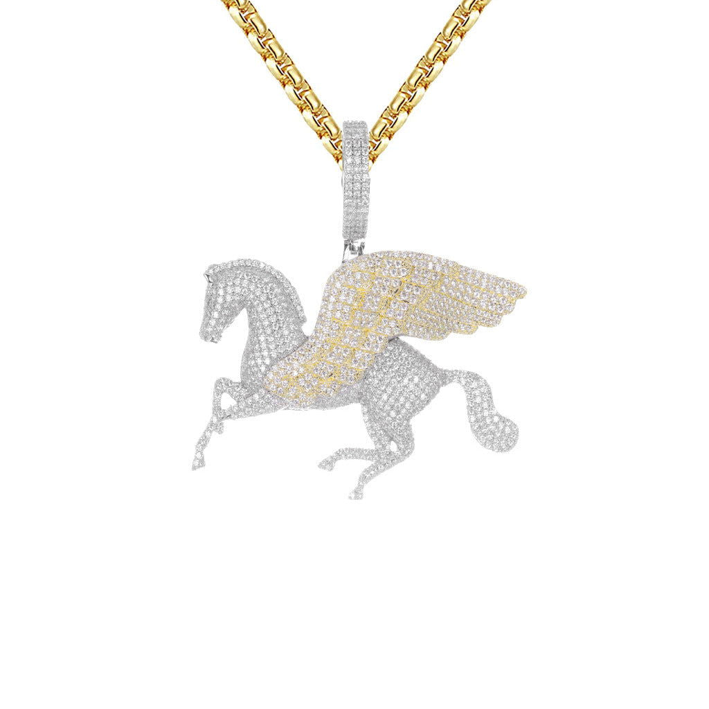Men's Flying Horse Icy Two-Tone Yellow Gold Animal Pendant Necklace - Perfect for Gifts, Parties, and Everyday Fashion Accessories