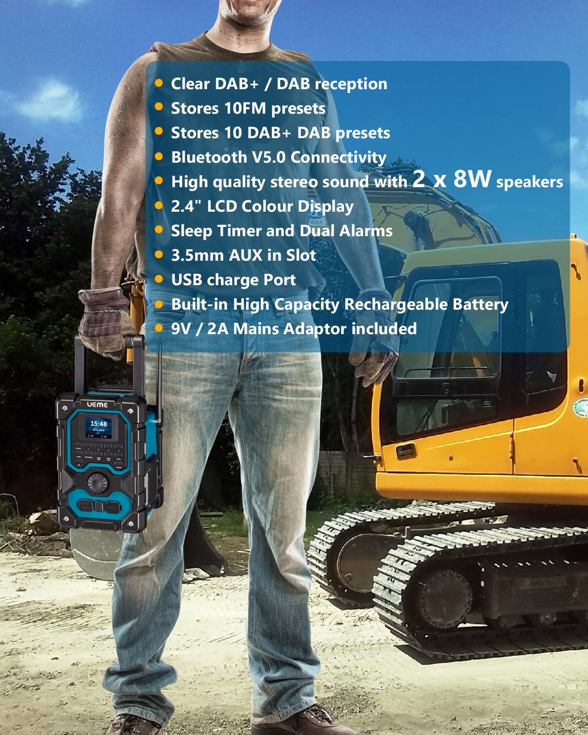 UEME 16W Jobsite DAB/DAB+ FM Radio - Rugged Construction Bluetooth Radio with Rechargeable Battery, AUX Input & USB Phone Charger | Ideal for Construction Sites, Workshops & Outdoor Work | Includes Mains Adaptor