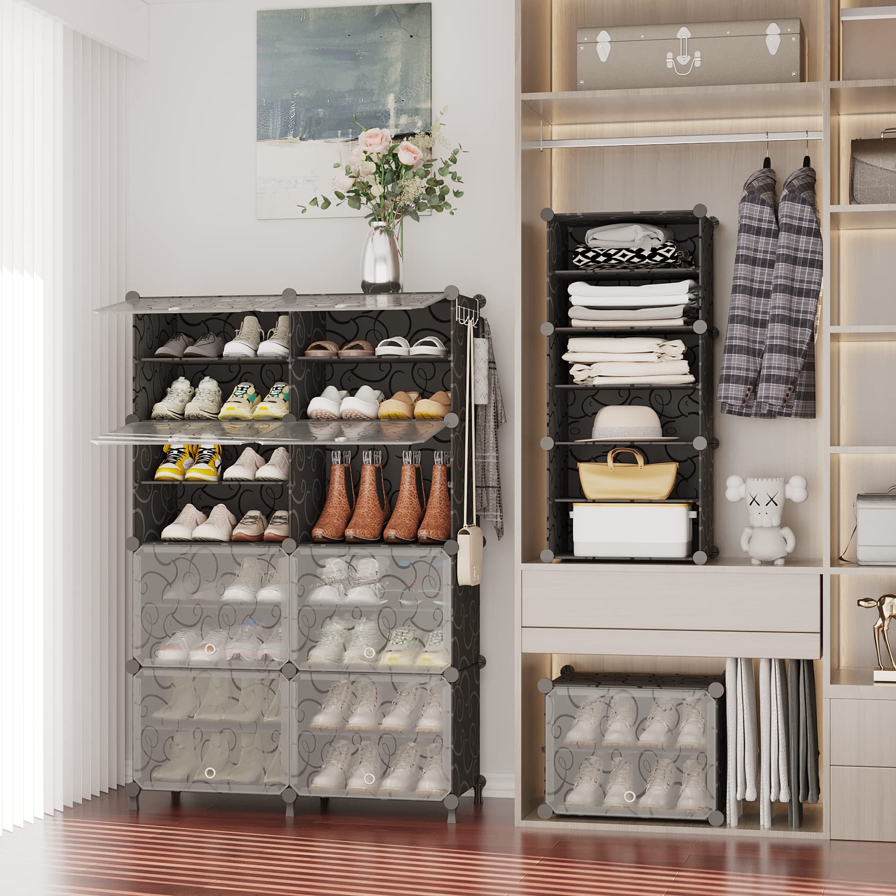 AWTATOS 8-Tier Shoe Storage Cabinet with Door - 32 Pair Shoe Organizer Shelves for Closet, Hallway, Bedroom & Entryway - Black | Space-Saving Shoe Rack for Home Organization & Small Spaces