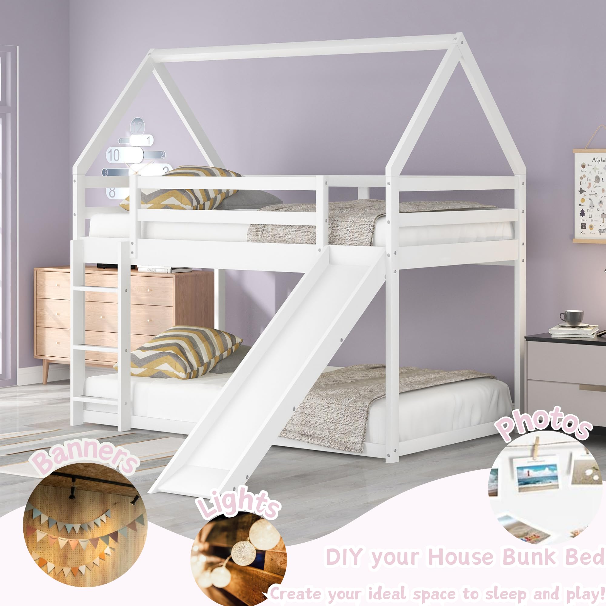Harper & Bright Designs Twin Bunk Beds for Kids - Wooden House Style with Slide & Roof - Space-Saving Twin Over Twin Bunk Bed for Boys & Girls - Perfect for Small Bedrooms, Kids' Rooms & Shared Spaces - White