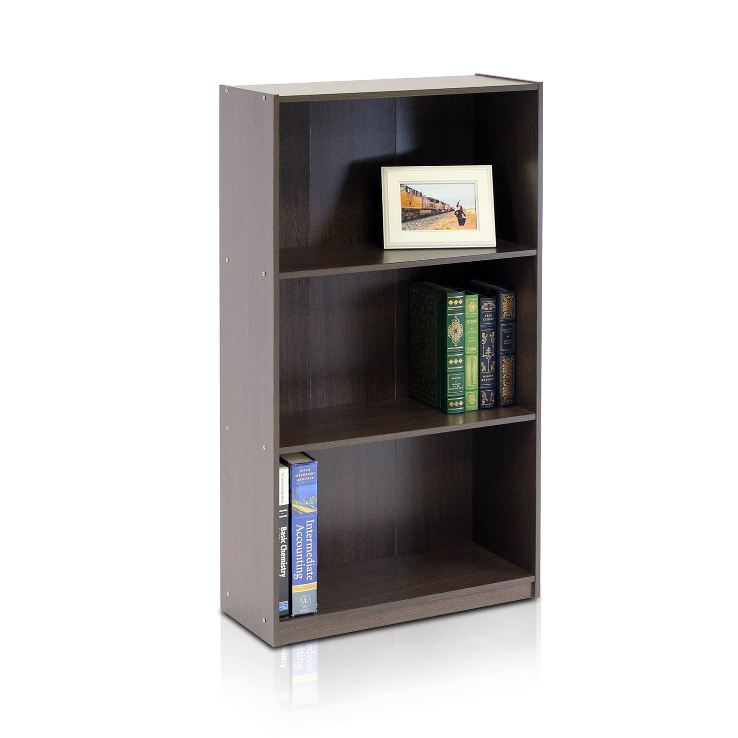 Furinno 3-Tier Bookcase Storage Shelf Unit - Dark Brown Wooden Bookshelf for Living Room, Bedroom & Office Organization