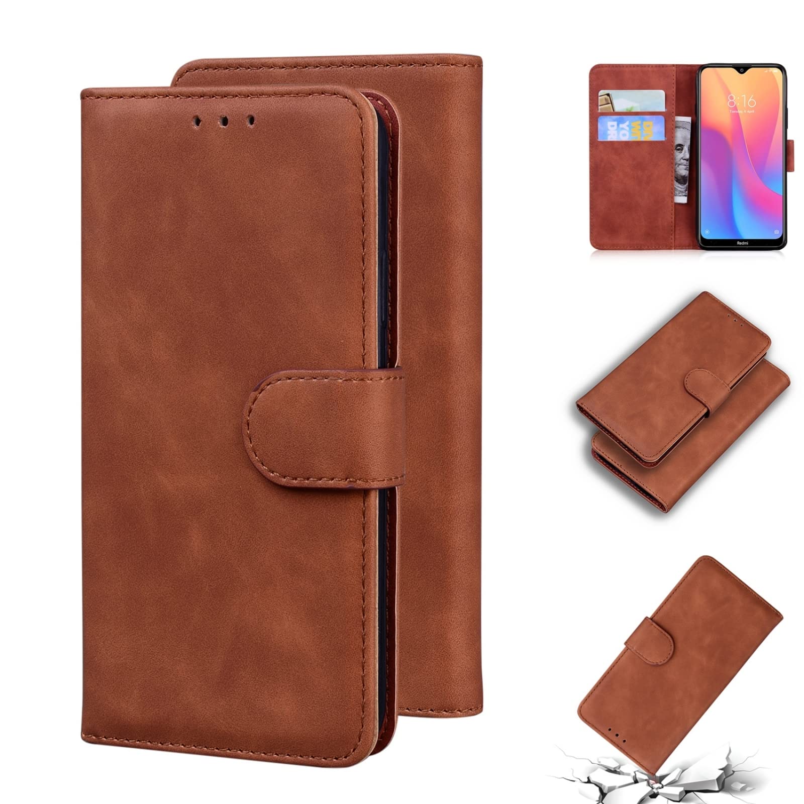 Premium Genuine Leather Flip Phone Case for Xiaomi Redmi 8A - Soft Skin Feel, Slim Protective Cover (Brown) | Perfect for Business Professionals & Daily Use