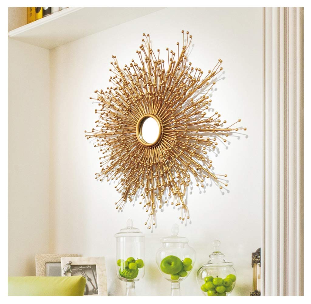 Vintage Gold Sunburst Round Wall Mirror - 3D Stereo Iron Hand-Forged Shabby Chic Decor for Entrance, Bar, Hall, Bedroom & Hallway | Elegant Home & Office Decoration