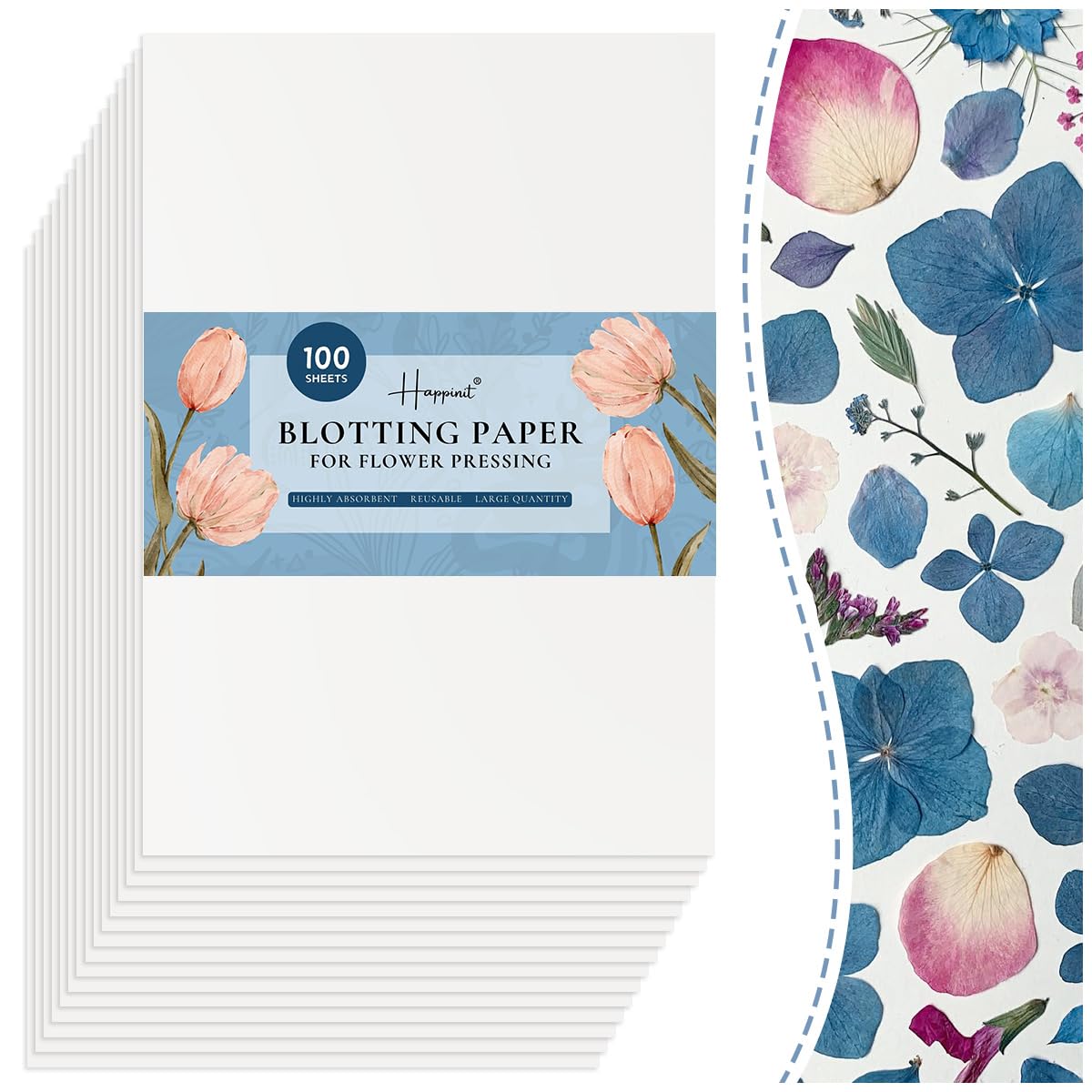 Happinit 100 Sheets A4 Size Blotting Paper for Flower Pressing - Large Absorbent Herbarium Paper for DIY Crafts, Botanical Art, and Flower Preservation - Perfect for Scrapbooking, Wedding Invitations, and Nature Journaling (100 Sheets)