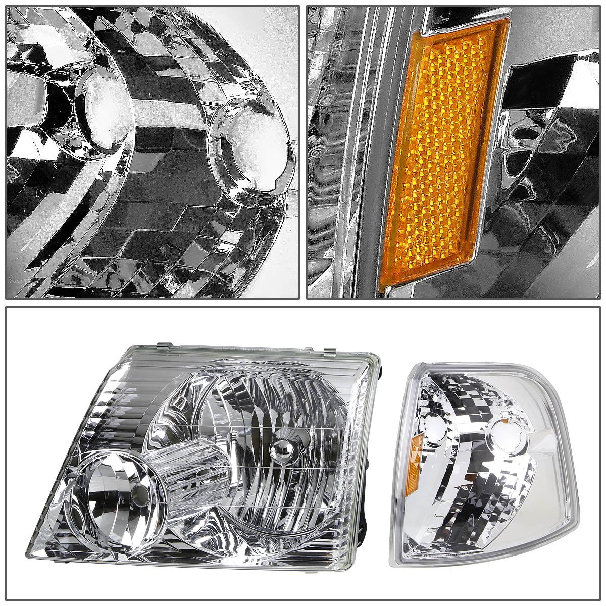 Auto Dynasty Chrome Housing Amber Corner Headlight Lamps + Tool Kit - Compatible with Ford Explorer 2002-2005 | Replacement Headlights for Improved Visibility & Style