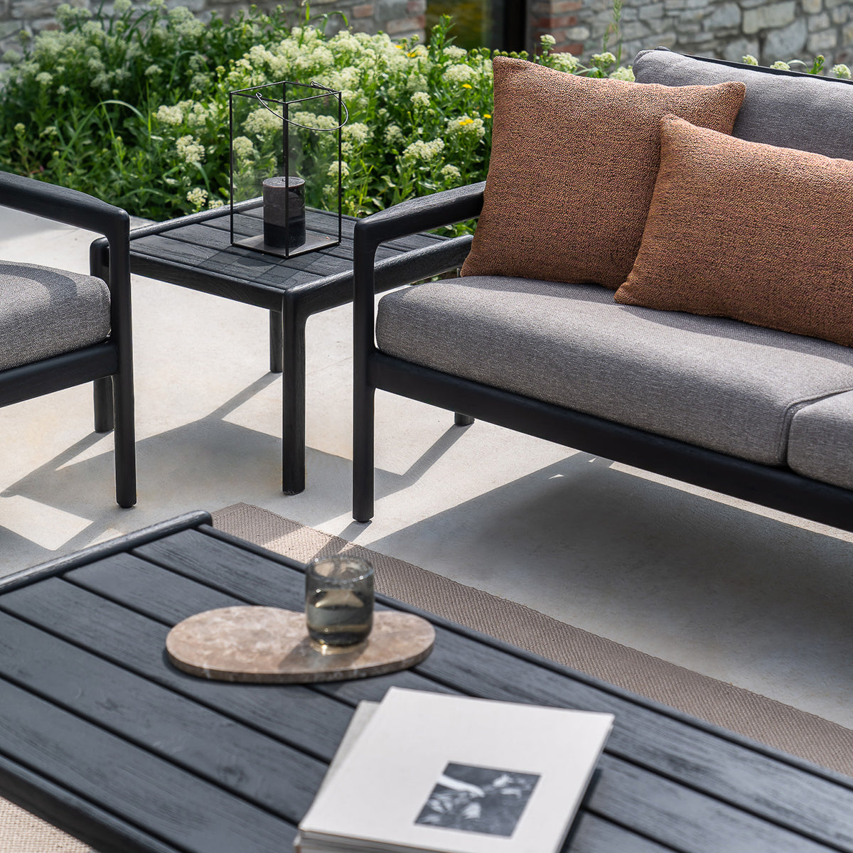 Outdoor 3-Seater Sofa with Jack Fabric - Teak Black & Mocha - Perfect for Patio, Garden, and Backyard Relaxation