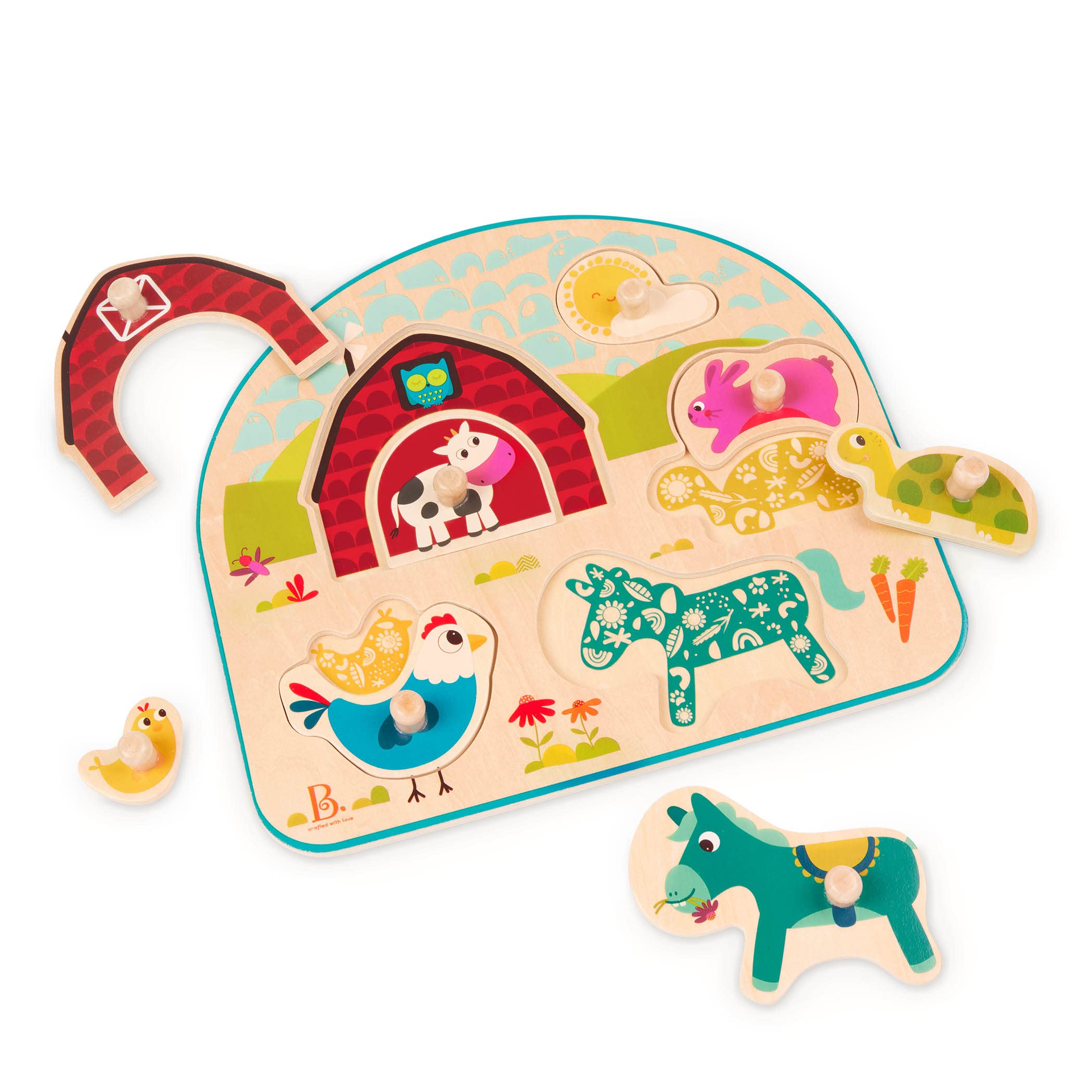 B. Toys Animal Barnyard Wooden Peg Puzzle - Farm Animal Learning Toy for Toddlers & Kids Ages 18+ Months - 8 Chunky Pieces - Educational Montessori Puzzle for Early Childhood Development (Perfect for Daycare, Preschool & Home Playtime)