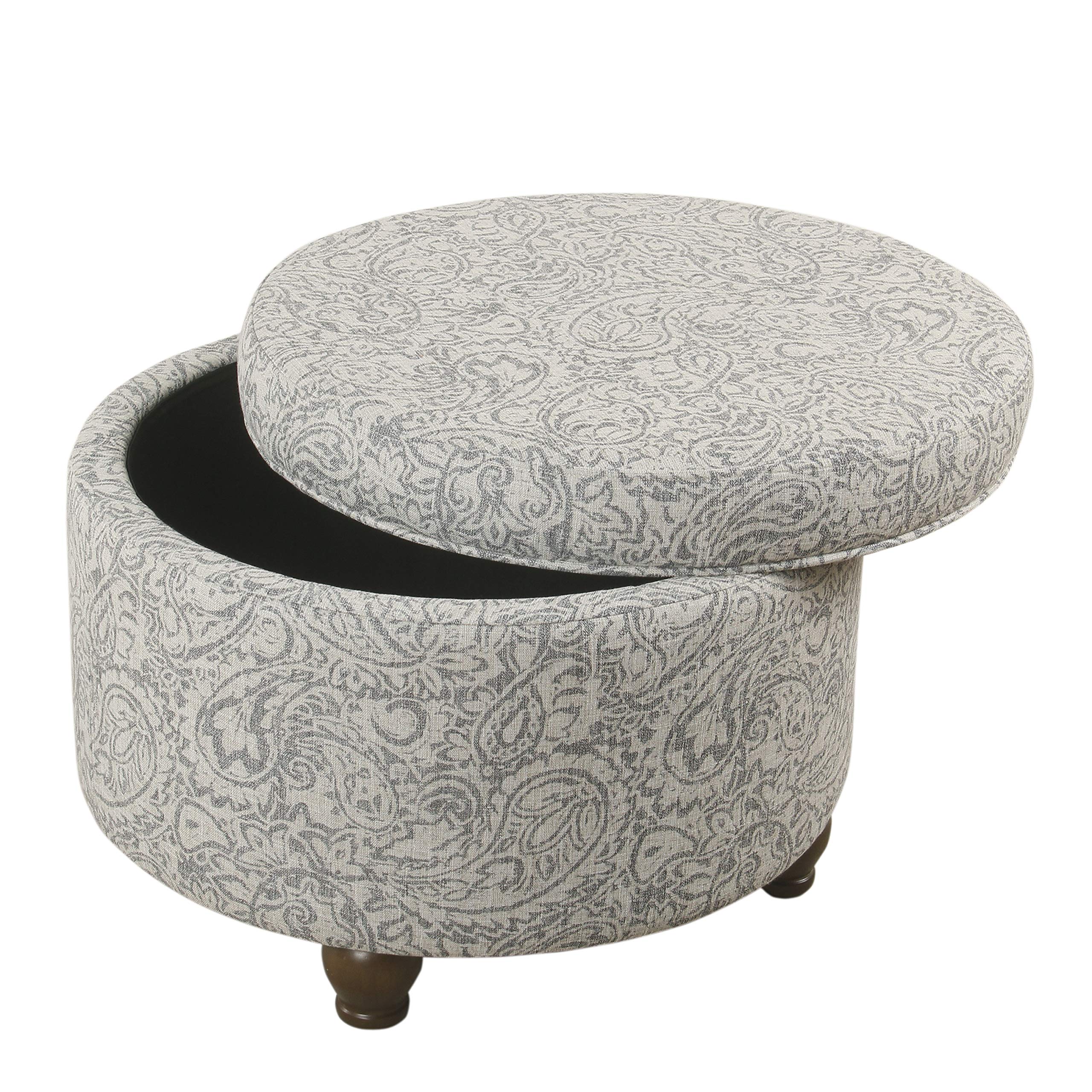 Homepop Round Upholstered Storage Ottoman - Gray Floral Fabric Footrest with Hidden Storage for Living Room & Bedroom | Perfect for Extra Seating & Home Organization
