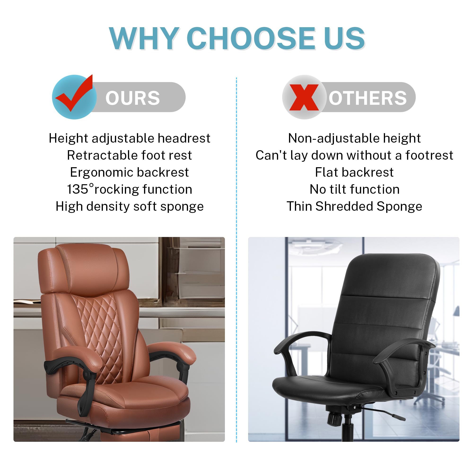 Premium Executive Leather Office Chair - Big & Tall Ergonomic Desk Chair with Adjustable Lumbar Support, Footrest & Reclining Function - Perfect for Home Office, Gaming & Professional Workspaces
