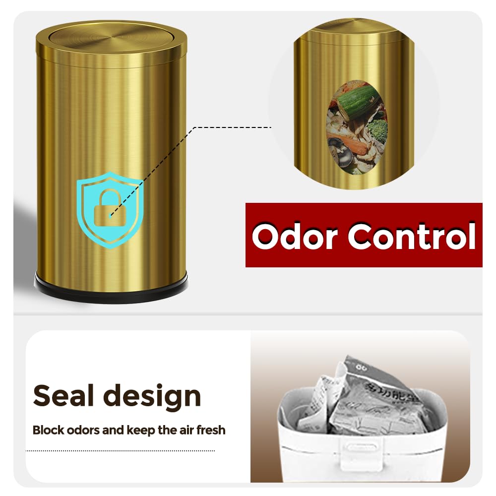 9 Liter/2.4 Gallon Small Gold Trash Can with Swing Lid - Brass Bathroom Waste Bin for Bedroom, Office, Living Room & Restaurant - Elegant Garbage Can for Home and Commercial Use