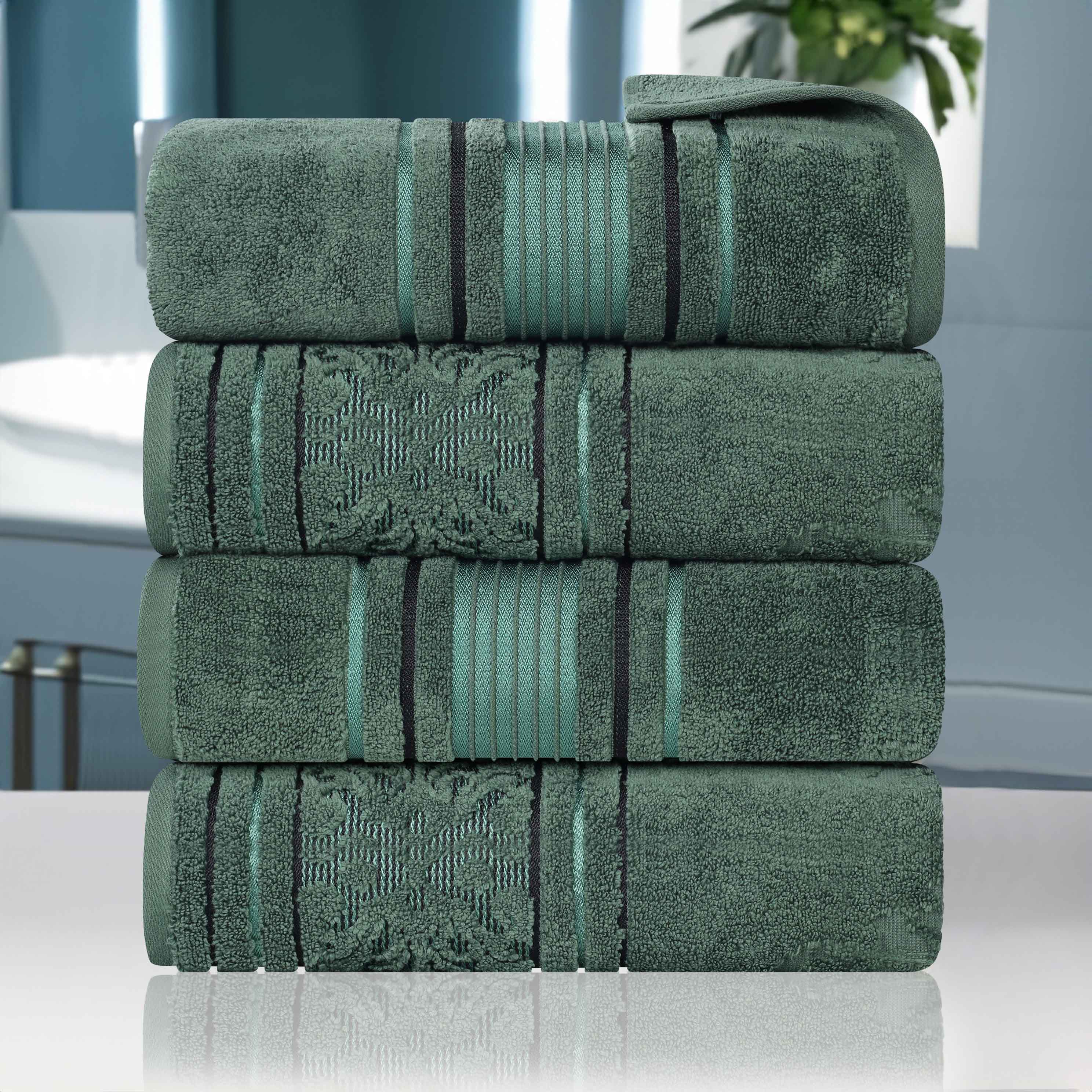 Premium 100% Zero Twist Cotton Bath Towel Set of 4 - Ultra Soft & Absorbent Solid & Jacquard Floral Design - Perfect for Spa, Bathroom, Beach & Guest Use