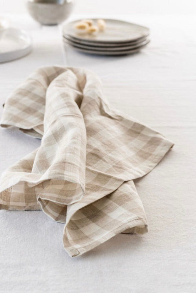 Premium 100% French Linen Gingham Tea Towels Set of 2 (55x75cm) - Natural Cotton Kitchen Towels for Drying Dishes, Baking & Elegant Table Decor