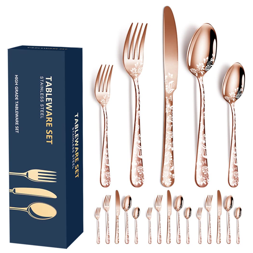 20-Piece Stainless Steel Flatware Set for 4 - Rose Gold Silverware Cutlery with Unique Pattern Design | Includes Dinner Knives, Forks & Spoons | Dishwasher Safe | Perfect for Dining, Entertaining & Everyday Use