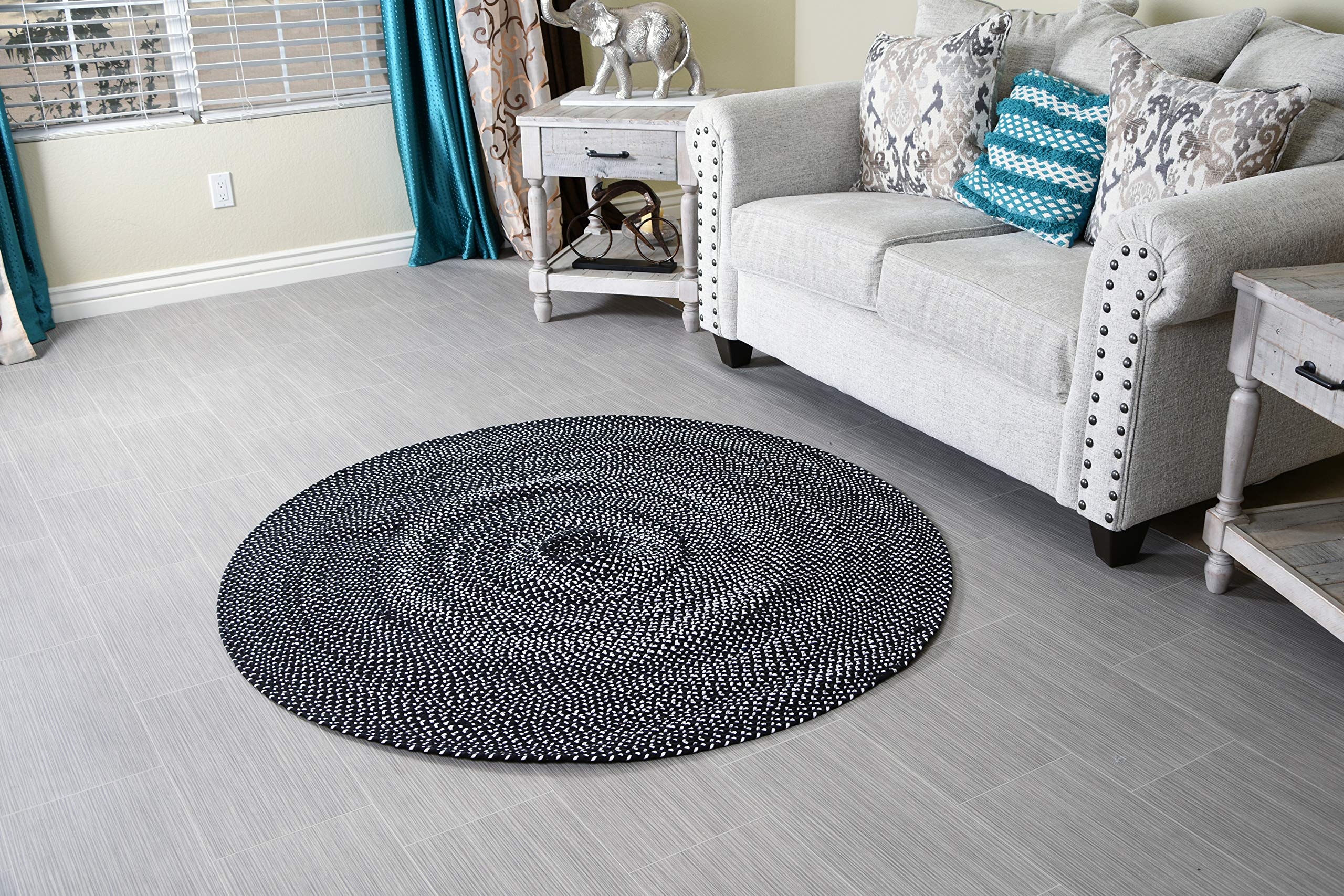 5 ft Round Black & White Braided Cotton Chindi Area Rug - Non-Slip Reversible Handwoven for Living Room, Bedroom, Dining Room - MystiqueDecors