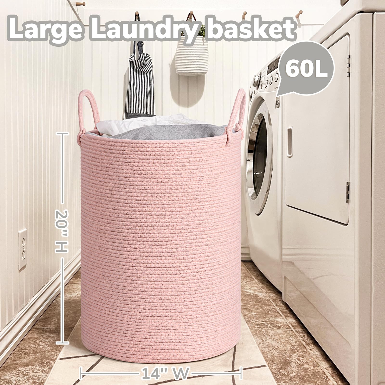 INDRESSME Pink Laundry Basket for Girls & Kids - Woven Rope Storage Hamper for Nursery, Bedroom & Living Room - Tall Toy & Blanket Organizer Bin (19.7 x 13.8 Inches) - Perfect for Kids' Room Decor, Clothes Storage & Playroom Organization