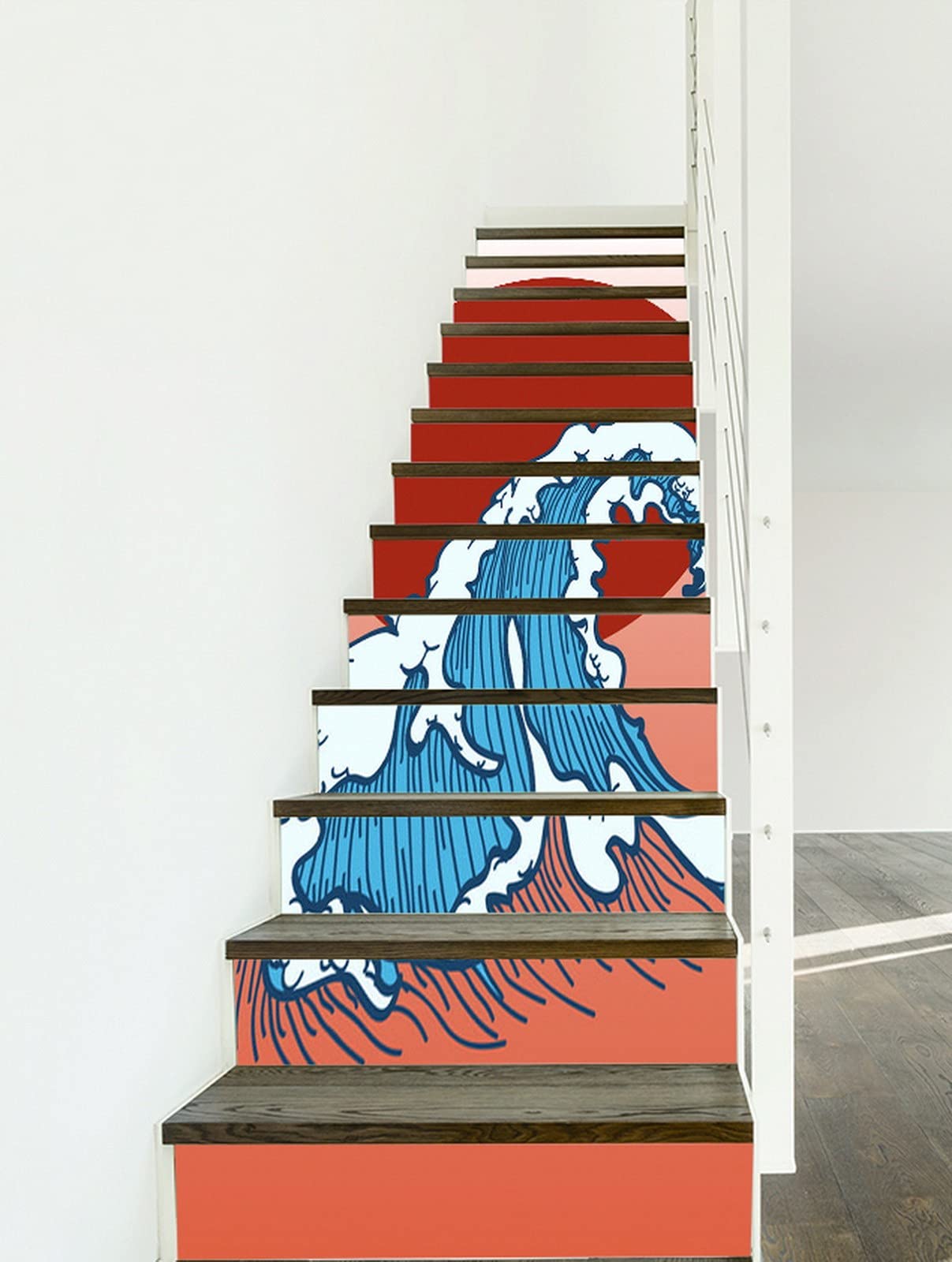 A.Monamour 3D Self-Adhesive Removable Stair Stickers - Watercolor Japanese Style Waves Ocean Storm with Big Red Sun Design - Vinyl Stair Riser Decals for Kitchen, Tile, Wall Mural & Wallpaper (13 Pieces) - Perfect for Home Decor, Staircase Makeover & DIY Interior Design