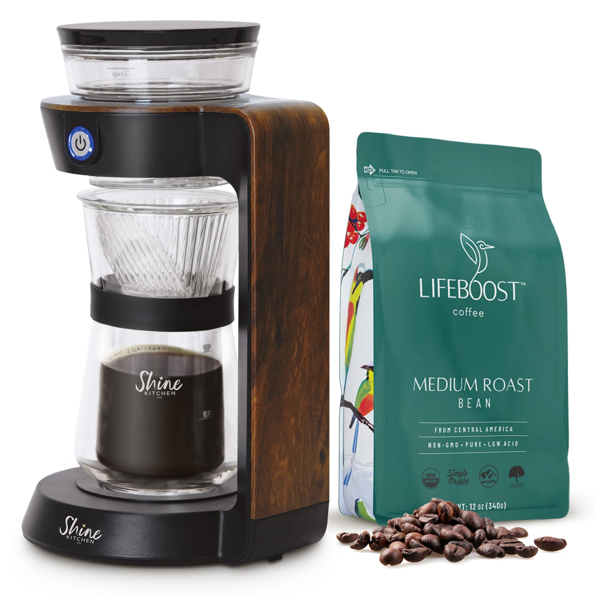 Shine Kitchen Co.® Automatic Pour Over Coffee Maker with Lifeboost Premium Coffee Bundle - Perfect for Home, Office & Specialty Coffee Shops