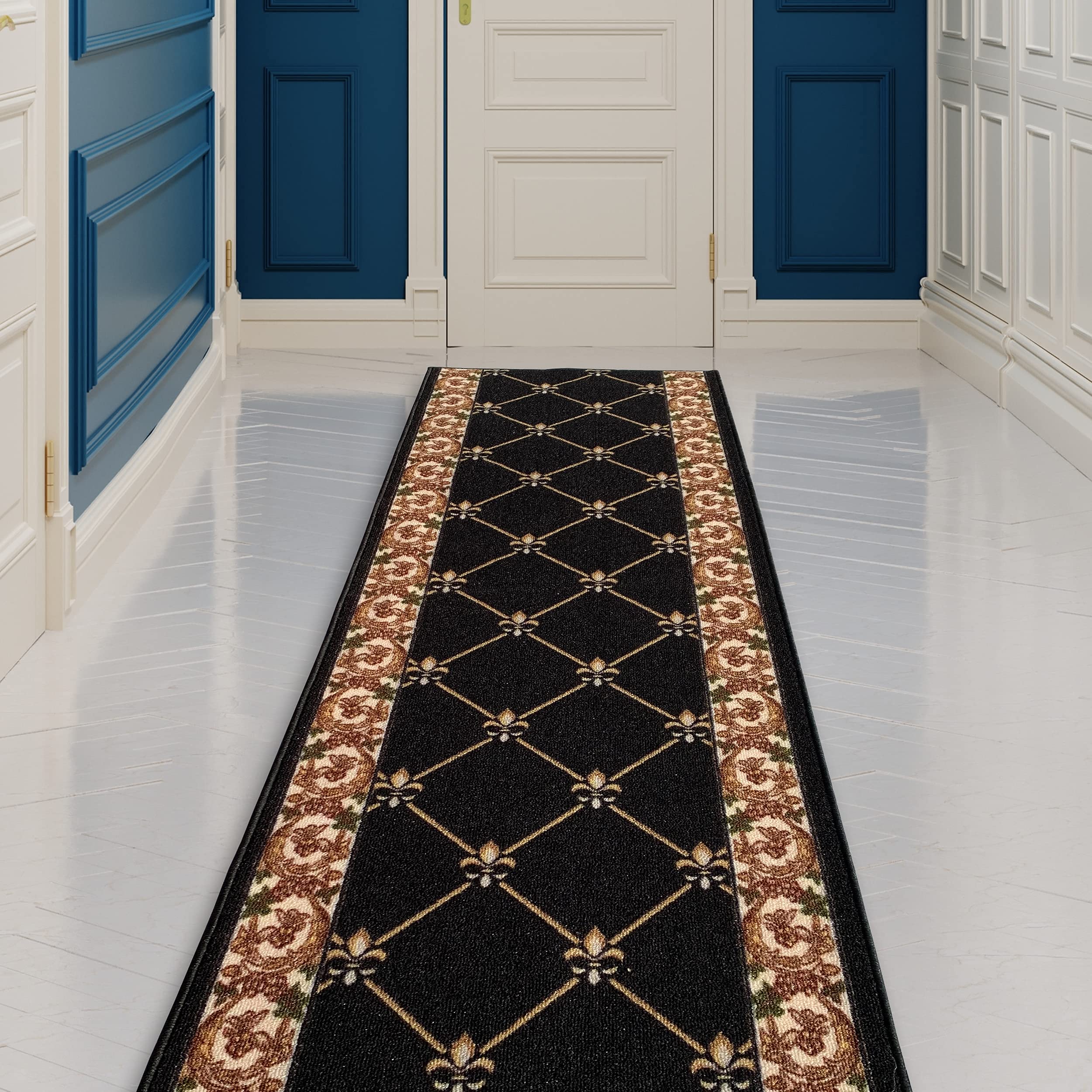 Custom Made Fleur De Lis French Design Runner Rug - Low Pile with Non-Slip Rubber Backing - 31 Inch Wide (Choose Your Length) - Perfect for Kitchen, Foyer, Hallway & Entryway - Black Color (34 feet x 31 Inch) - Durable & Stylish Home Decor for High Traffic Areas