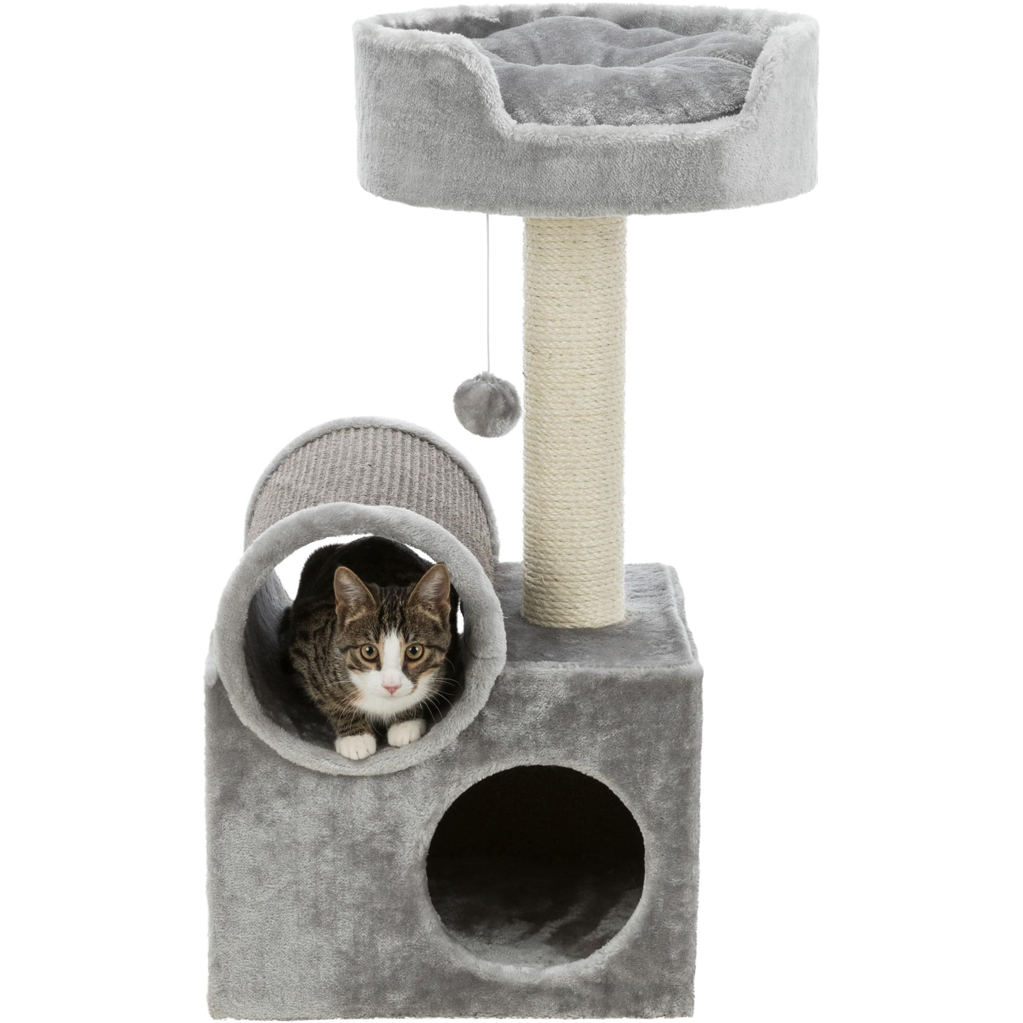 TRIXIE 31.5 Inch Cat Scratching Post with Sisal Rope - Multi-Level Cat Tree with Tunnel, Condo, Platform & Removable Cushion - Includes Dangling Toy for Indoor Cats - Gray Cat Furniture for Play & Relaxation