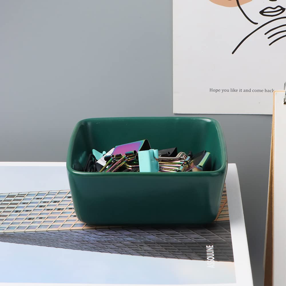 MEI YI TAN Square Ceramic Paper Clip Holder - Dark Green Office Desk Organizer for Paperclips & Binder Clips | Cute Desktop Accessories Dispenser for Home & Office Organization