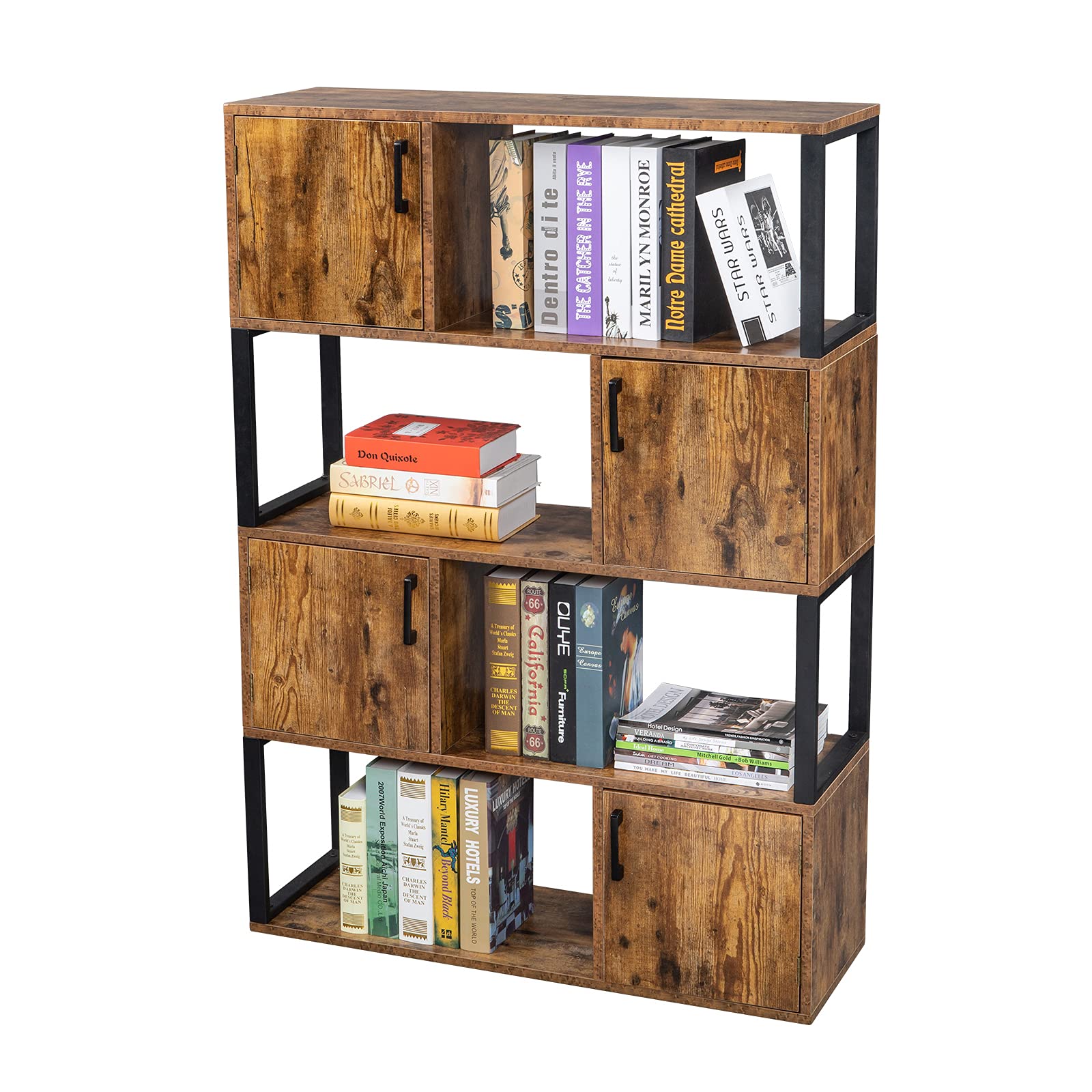 5-Tier Bookcase with 4 Storage Cabinets - Rustic Brown Wooden Bookshelf for Living Room & Home Office - Space Saving Storage Organizer with 4 Cube Shelves - Perfect for Home Decor, Book Storage & Displaying Decorative Items