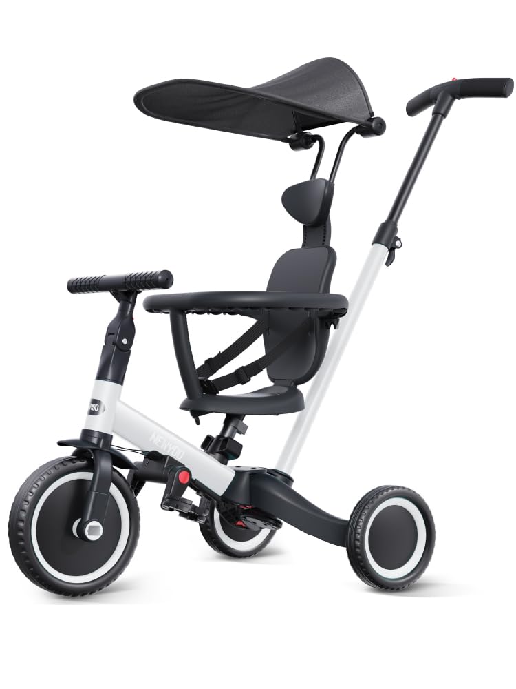 Newyoo 6-in-1 Toddler Tricycle with Push Handle & Canopy - Adjustable Balance Bike for Kids 1-3 Years - Perfect Birthday Gift for Boys & Girls (White, TR009) - Ideal for Outdoor Play, Park Rides & Learning to Cycle