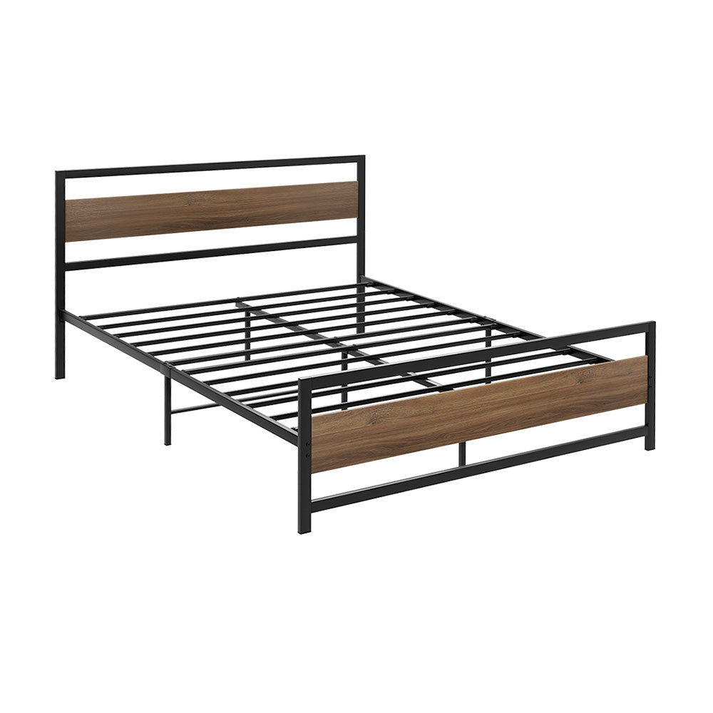 Industrial Style Double Metal Bed Frame with Wood Finish - Sturdy & Modern Design for Bedroom, Guest Room, or Dormitory