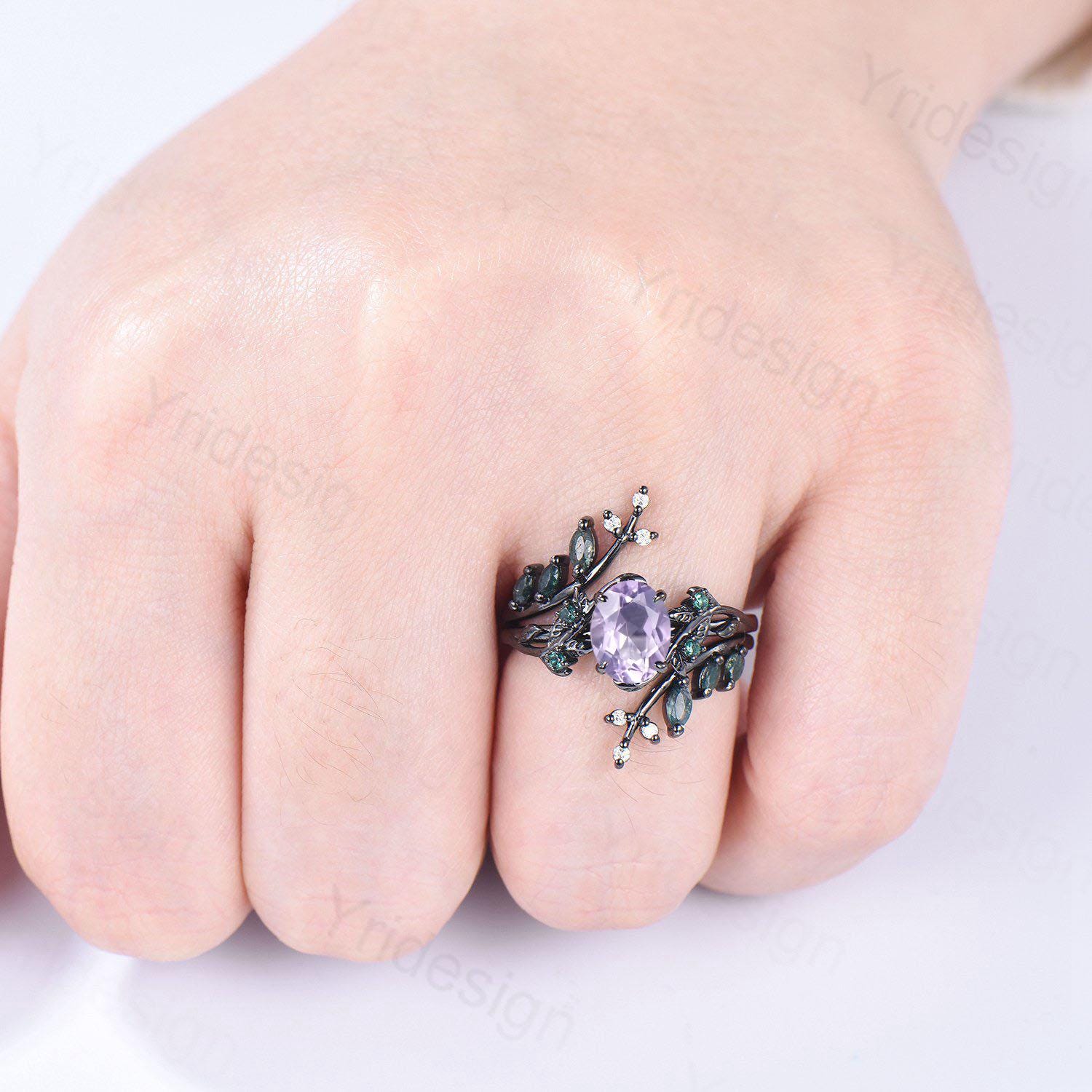 Nature Inspired Lavender Amethyst Engagement Ring Set - Black Gold Unique Leaf Vine Marquise Moss Agate Gothic Bridal Wedding Jewelry (2pc) | Perfect for Boho Weddings, Nature-Themed Proposals & Alternative Bridal Style