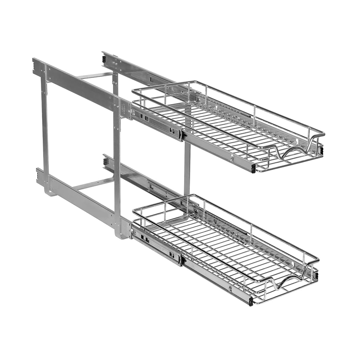 2-Tier Pull Out Cabinet Organizer - Heavy Duty Metal, Anti-Rust Chrome Finish for Kitchen & Bathroom Storage