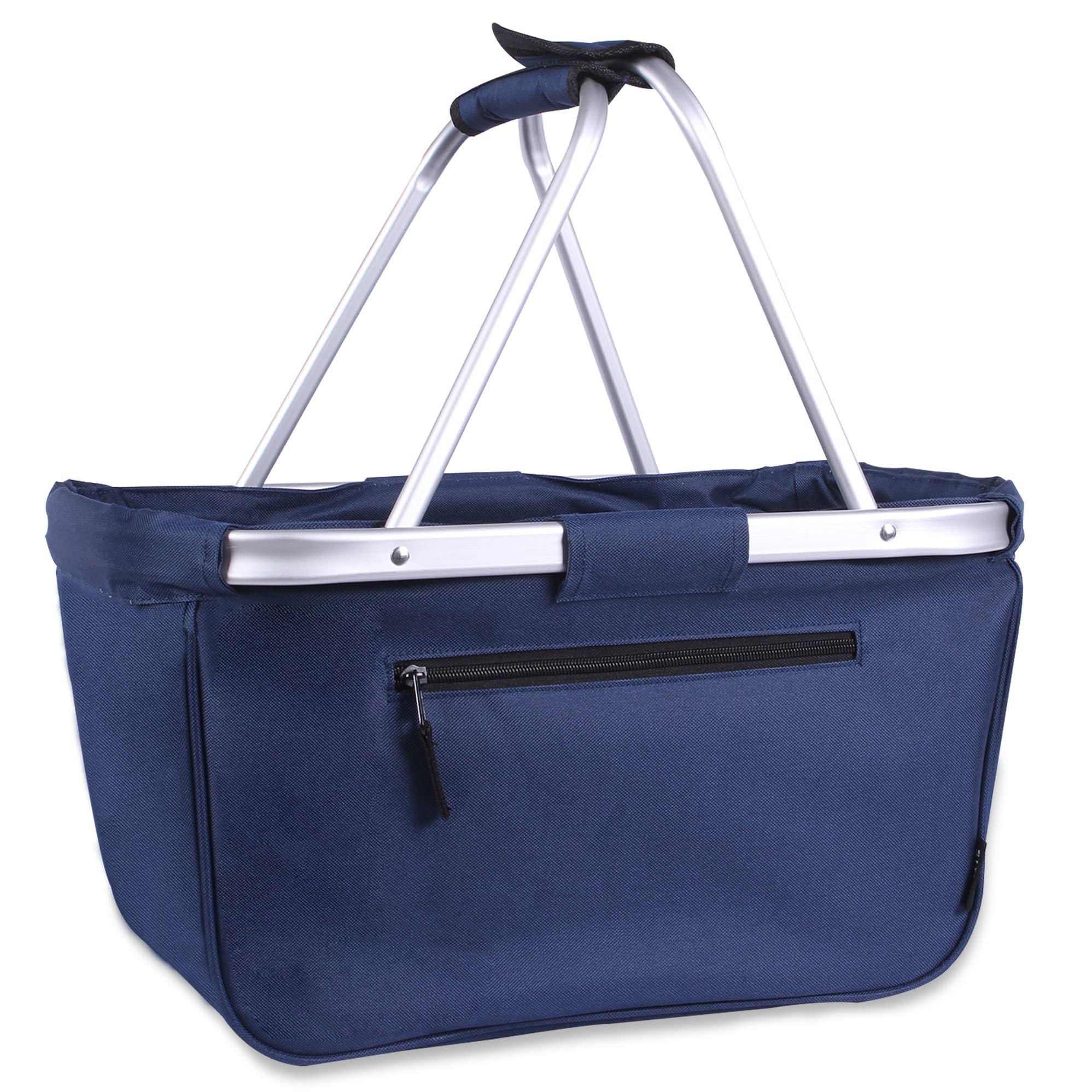 SIYUAN 24L Collapsible Picnic Basket - Portable Reusable Folding Grocery Basket with 2 Handles for Travel, Camping, Beach Outings & Farmers Market Shopping (Navy Blue)