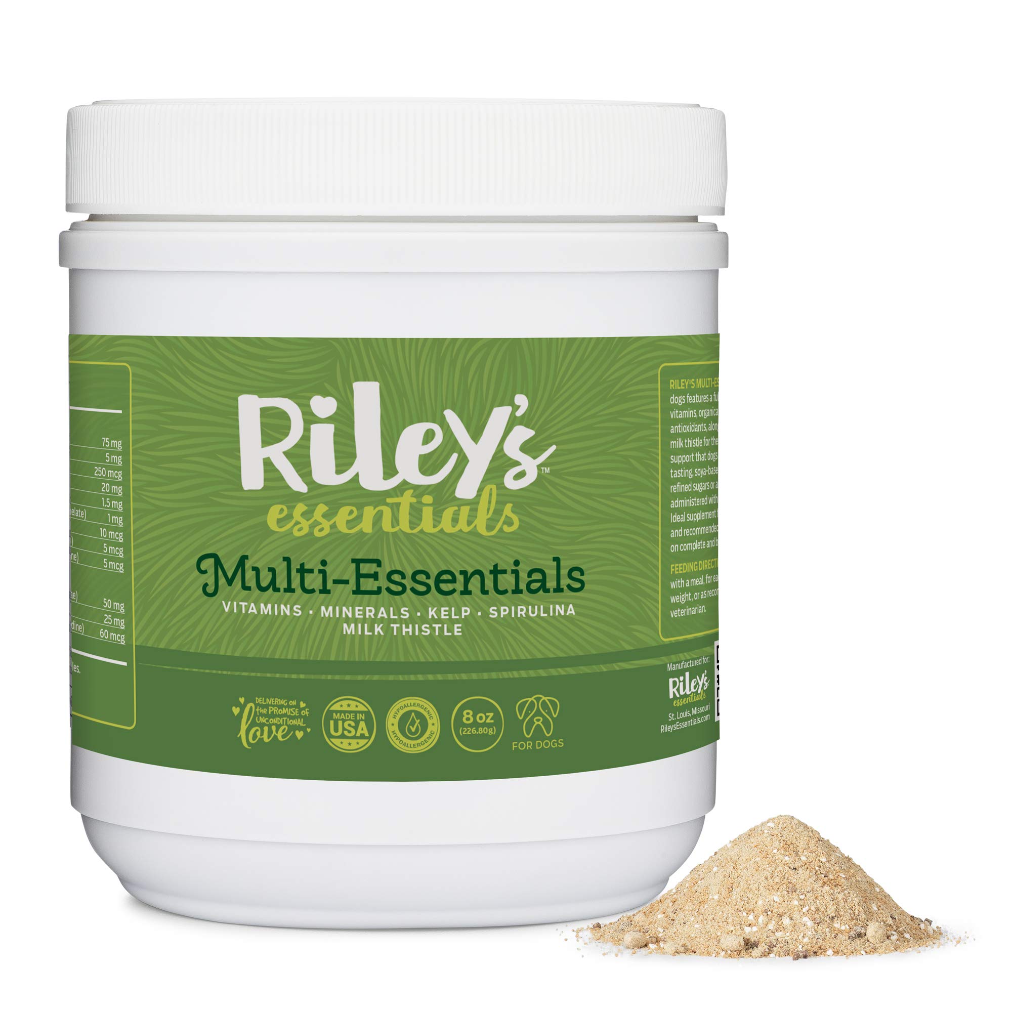 Riley's Multi-Essentials Dog Multivitamin Powder - Complete Nutritional Support with Vitamins, Minerals, Spirulina, Kelp & Milk Thistle - for Puppies & Senior Dogs - 8oz - Perfect for Daily Health Maintenance & Immune System Boost