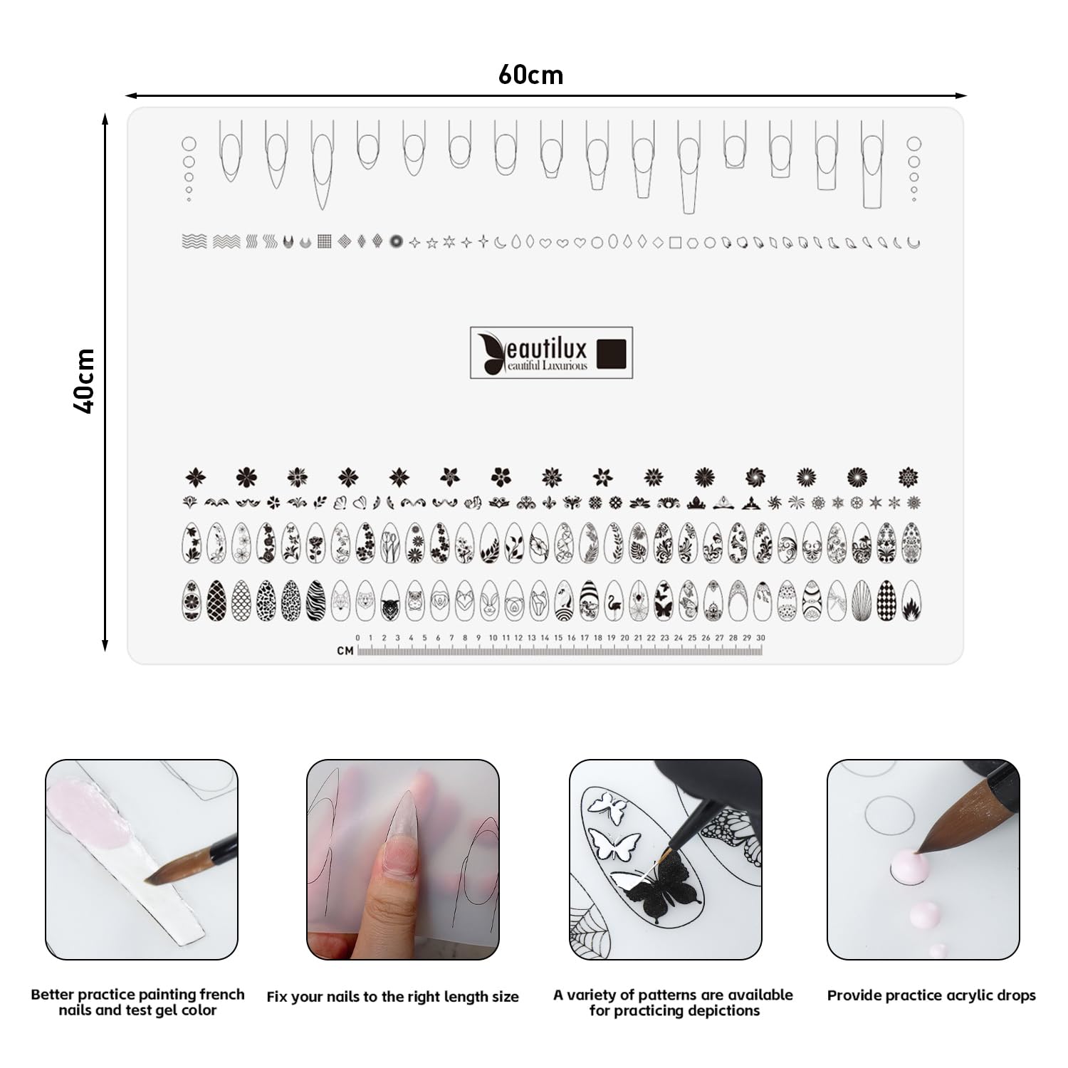 Beautilux Nail Art Silicone Practice Mat for Acrylic Nails & Nail Stamping - Reusable Nail Training Hand with Stamping Mat - Professional Nail Art Tools for Beginners & Salon Use - Perfect for Home Practice & Nail Technician Training