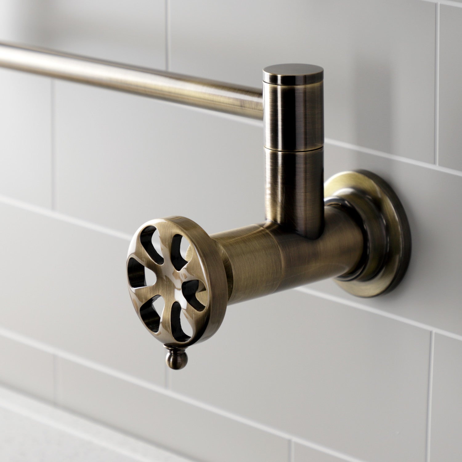 Belknap KS4103RX Two Handle Wall Mount Pot Filler in Antique Brass - Perfect for Kitchen Sink, Stove & Cooking Area - Durable & Stylish Faucet for Easy Water Filling