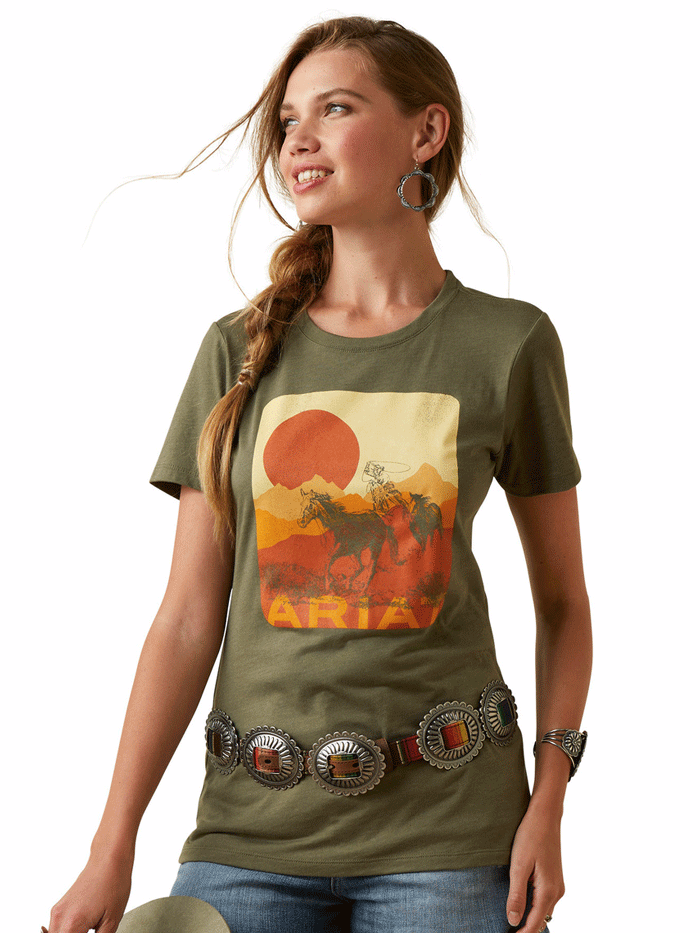 Ariat Women's Mustang Fever Short Sleeve T-Shirt - Military Heather Color - Casual Western Style Top for Horseback Riding & Outdoor Activities