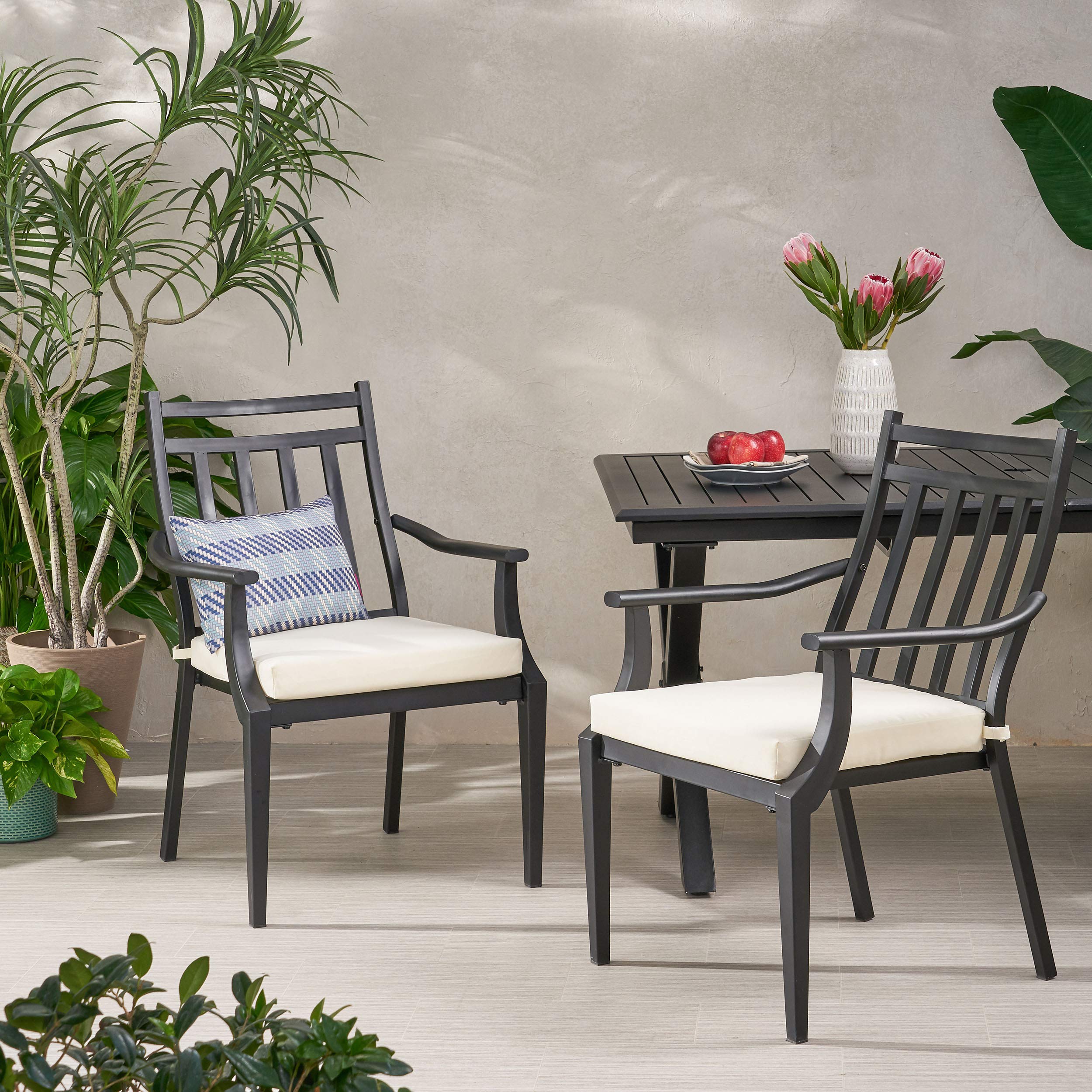 Christopher Knight Home Faithe Outdoor Dining Chairs (Set of 2) - Matte Black & Beige Weather-Resistant Patio Furniture for Garden, Poolside, and Backyard Dining