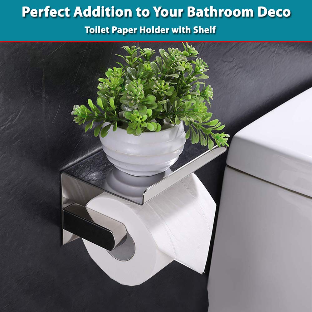 Stainless Steel Toilet Paper Holder with Phone Shelf - No Drill 3M Adhesive or Wall Mount, Chrome Bathroom Organizer for Phones & Toilet Rolls - Perfect for Small Bathrooms & Apartments