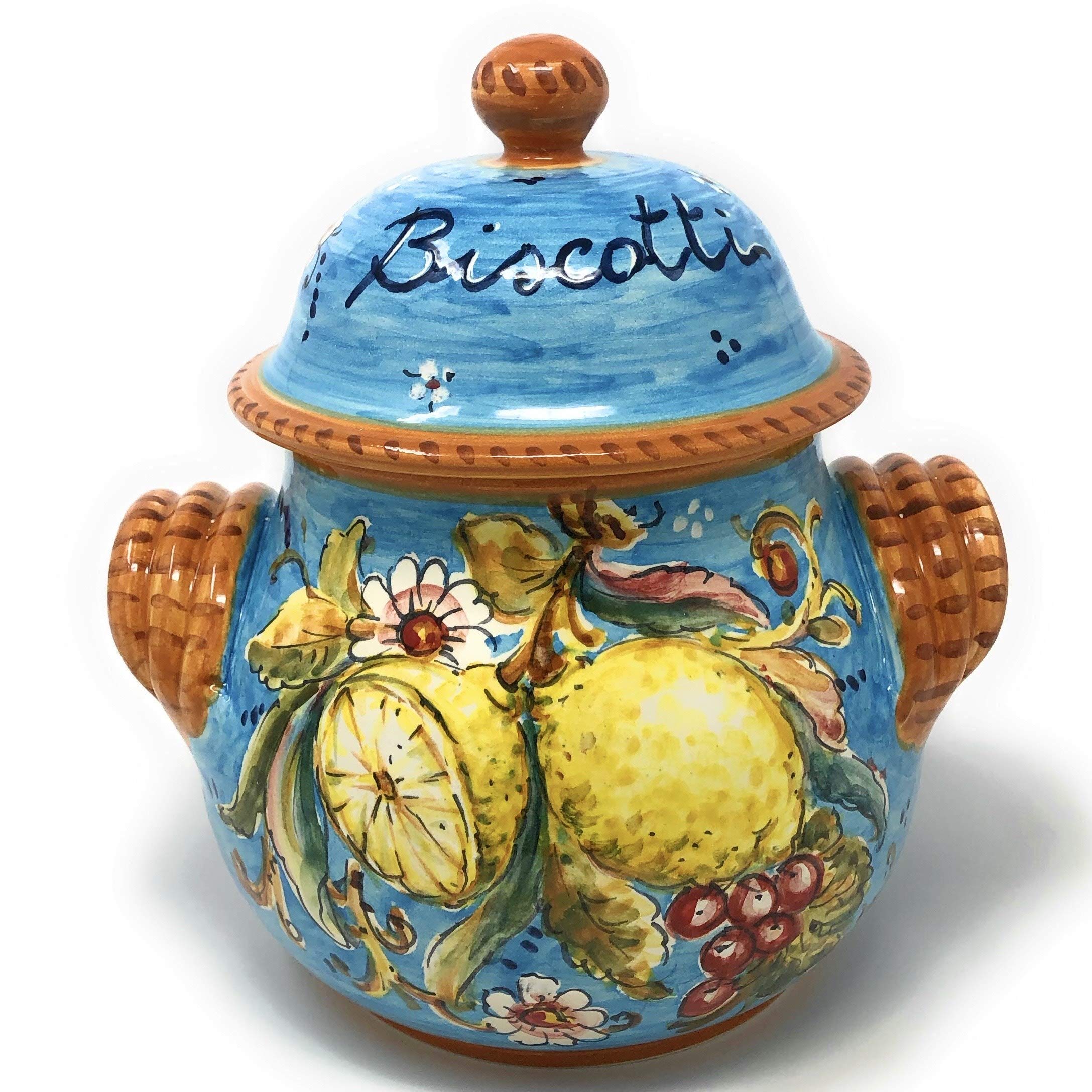 Hand Painted Italian Ceramic Art Pottery Cookie Jar - Tuscan Florence Style Biscuit Storage Container | Made in Italy | Perfect for Kitchen, Dining Room & Gift Giving
