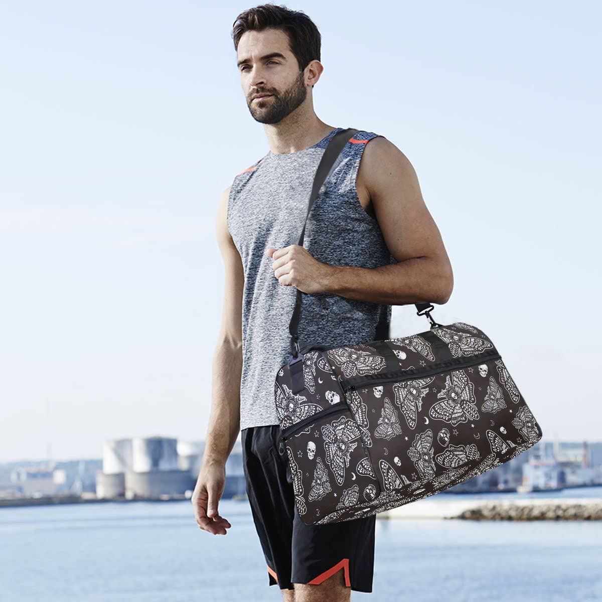 **Gothic Moth Skull Moon Print Gym Bag - Adjustable Strap Duffle Bag for Men & Women - Perfect for Travel, Sports & Overnight Trips - Stylish Occult & Esoteric Design**