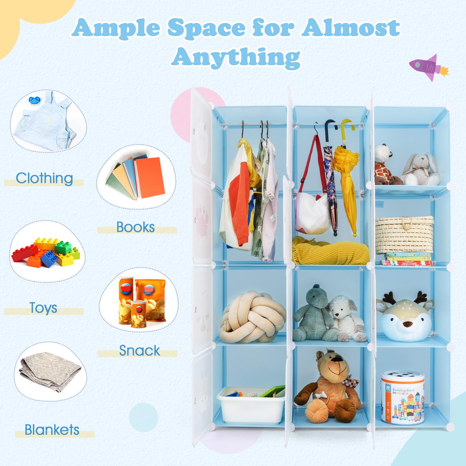 INFANS Kids Wardrobe - 12 Cube 2 Hanging Sections Portable Baby Dresser with Doors, Cute Nursery Closet Organizer for Children's Bedroom | Perfect for Toddler Clothes Storage & Nursery Organization