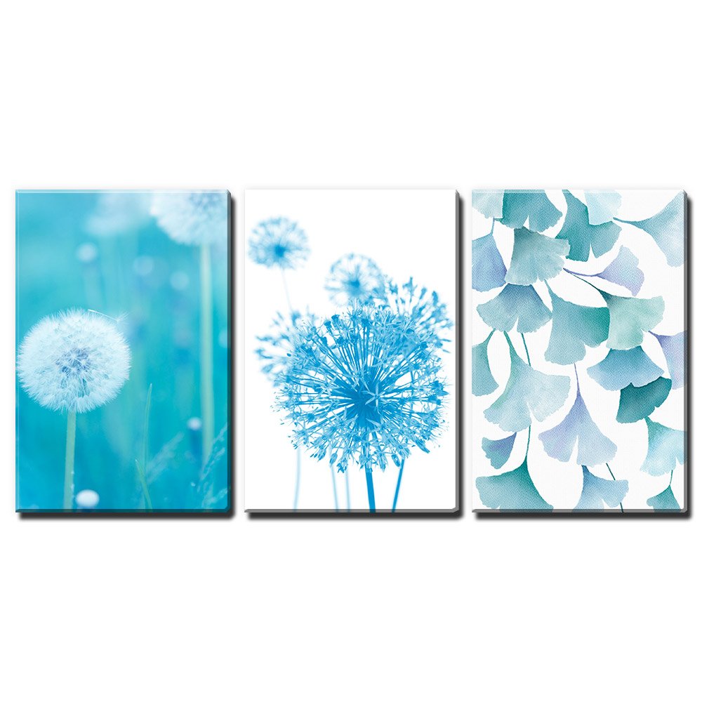 3 Panel Blue Dandelion & Ginkgo Leaves Canvas Wall Art - Modern Giclee Print Gallery Wrap Ready to Hang - 24x36 Inches Triptych for Living Room, Bedroom & Office Decor