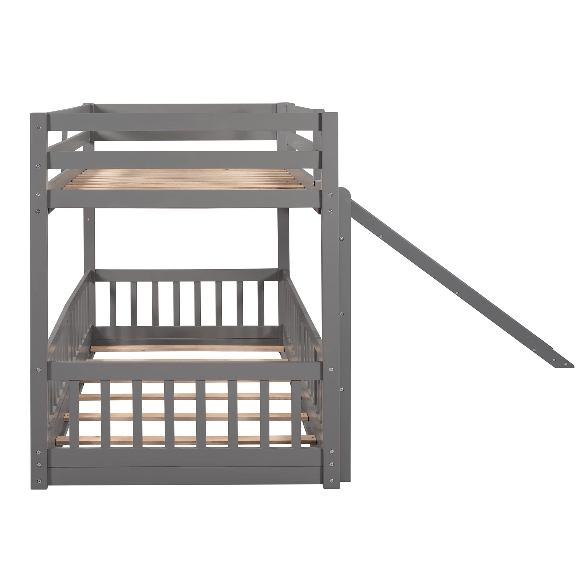 Twin Over Twin Bunk Bed with Slide - Wooden Low Bunk Bed Frame with Ladder & Safety Rail for Kids, Toddlers, Boys & Girls - Perfect for Small Bedrooms, Kids' Rooms & Shared Spaces - Gray
