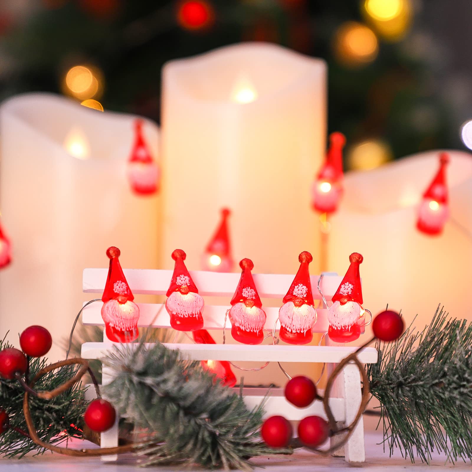 10ft 30 LED Red Gnome Christmas String Lights - Battery & USB Powered with Remote Control | Twinkle Fairy Lights for Home Decor, Party, Tree, Window & Outdoor Holiday Decoration