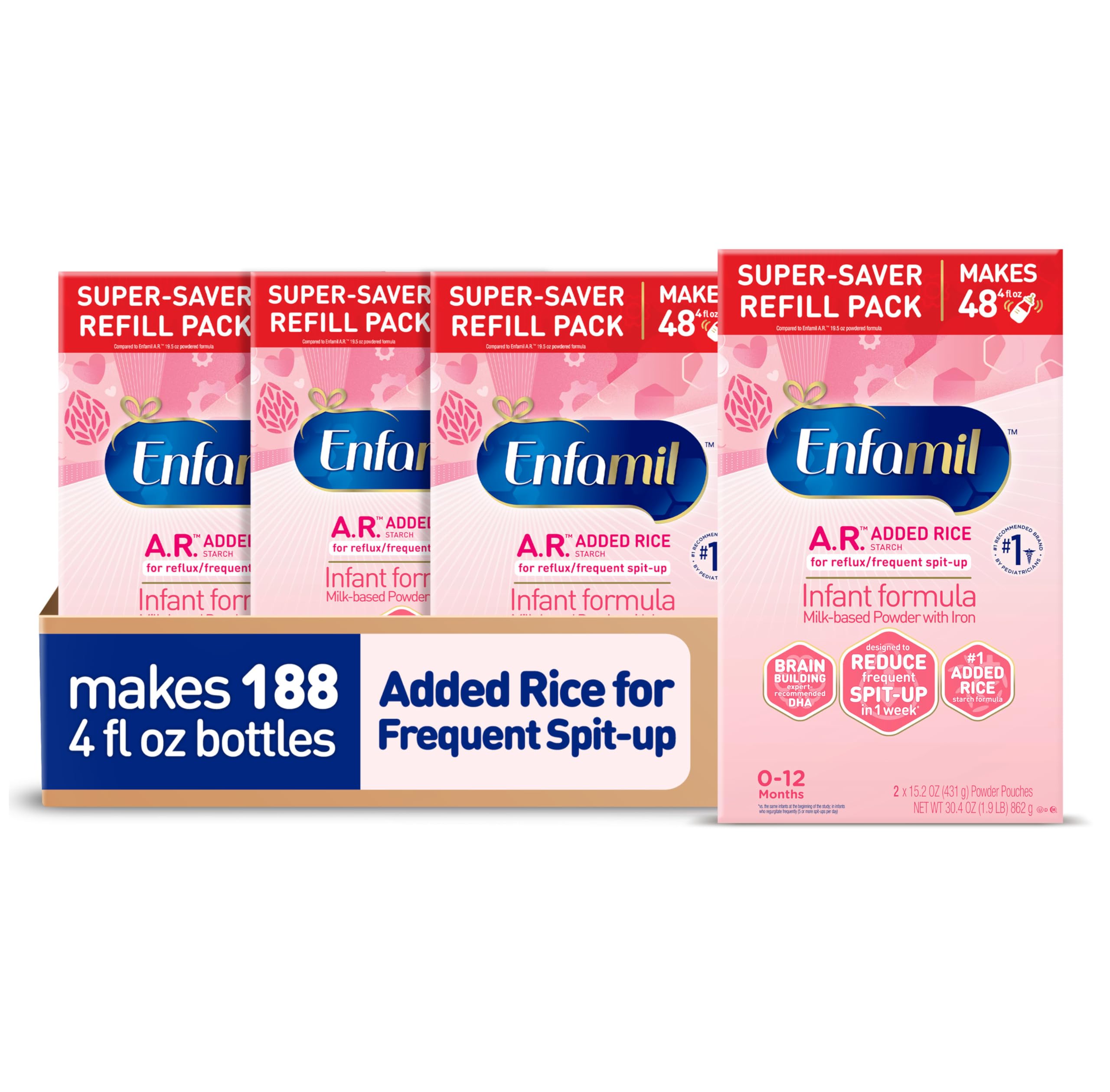 Enfamil A.R. Baby Formula with Rice Starch - Reduces Reflux & Spit Up, Supports Brain Development with DHA, Promotes Digestive & Immune Health with Probiotics - 30.4 Oz Box (Pack of 4) - Ideal for Infants with Frequent Spit-Up or Reflux Issues