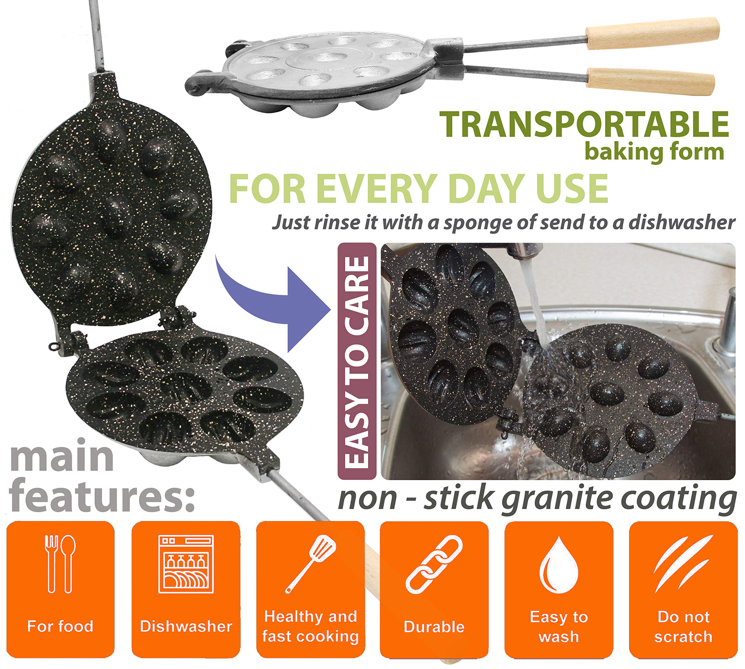 Non-Stick Granite Walnut Cookie Mold Maker - Oreshki Mold for Baking Nut Cookies - Perfect for Russian Tea Cakes, Holiday Treats & Homemade Desserts