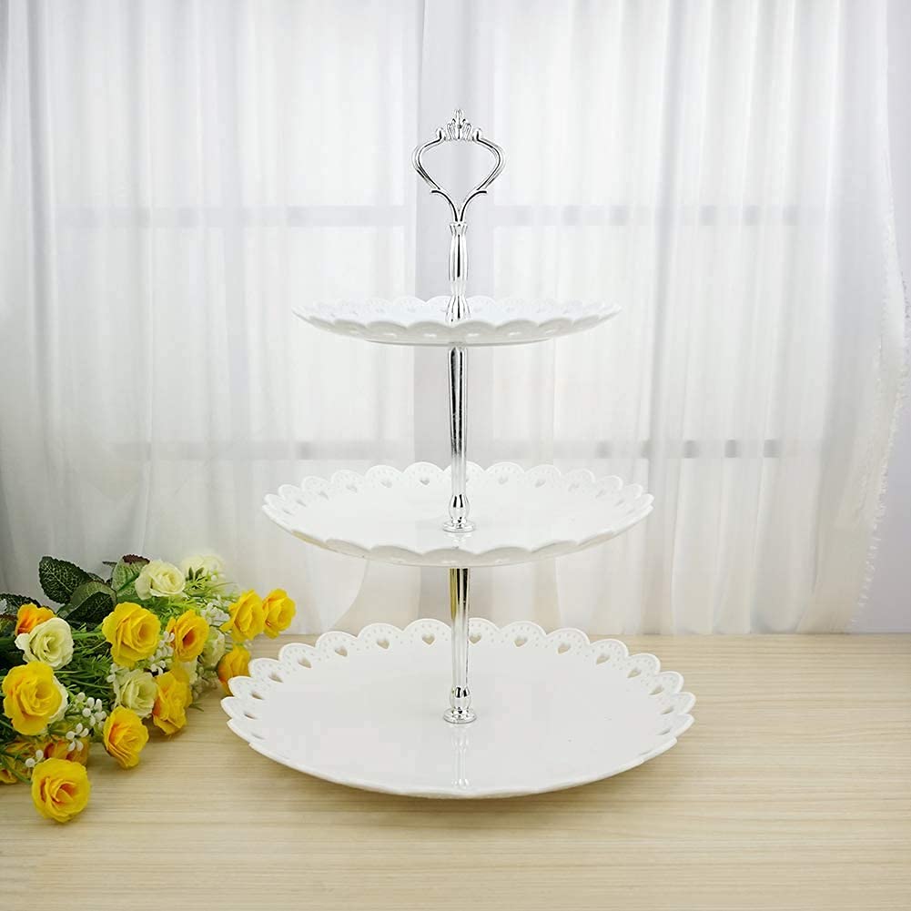 Pialigi 3-Tier Pink Porcelain Cake Stand for Weddings, Baby Showers & Tea Parties - Elegant Cupcake & Dessert Display with Gift Box & Free Sugar Tong (White, 5.65x7.02x8.58 Inches) - Perfect for Birthday Parties, Bridal Showers & Afternoon Tea Events