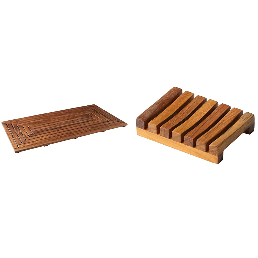 Bare Decor Giza Teak Shower Mat & Subsy Teak Soap Dish Set - Natural Wood Bathroom Accessories for Spa-Like Luxury - Perfect for Showers, Bathtubs, and Bathroom Decor