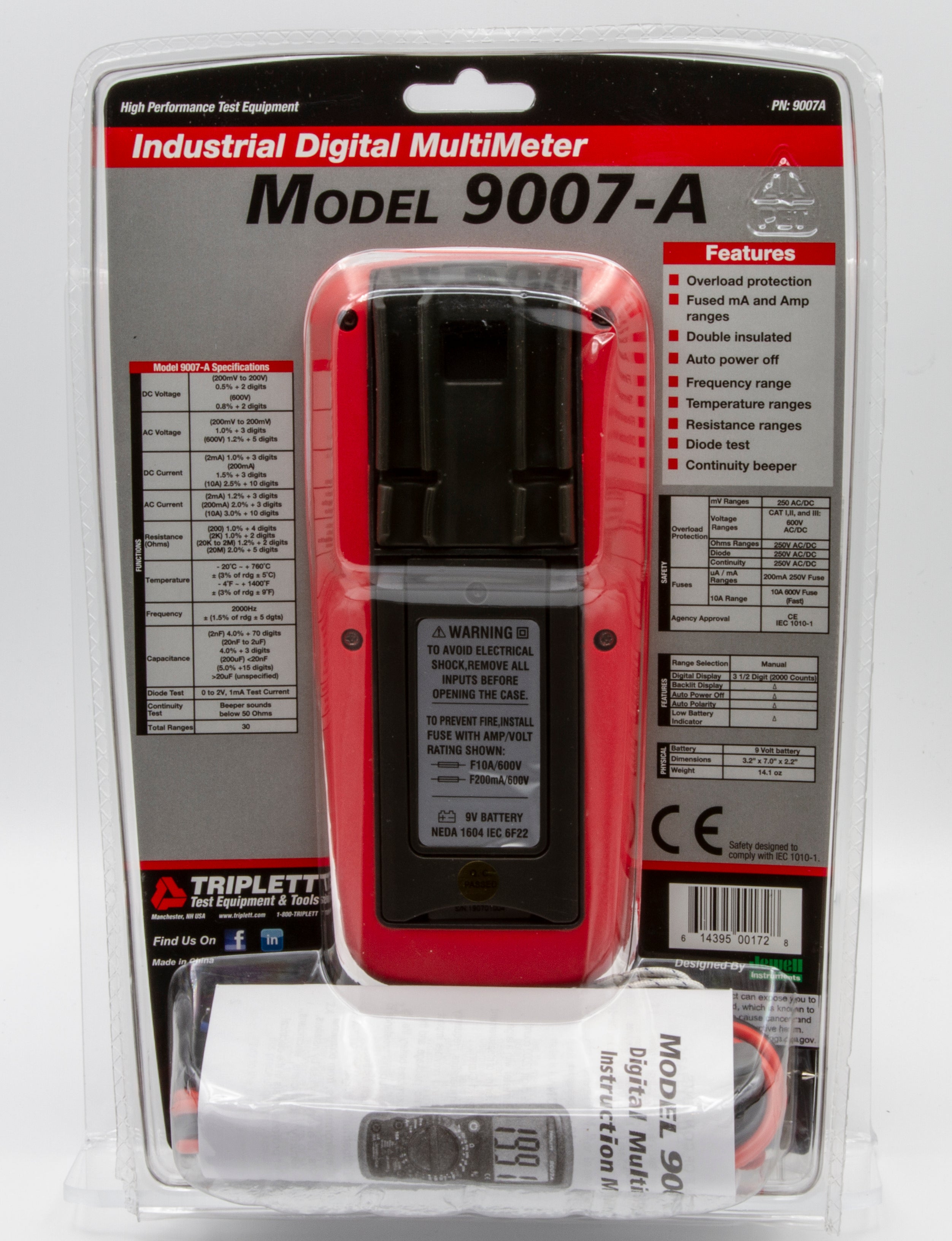 9007A 3 ½ Digit 2000 Count Digital Multimeter CAT III 600V - Professional Industrial Electrical Tester for Voltage, Current & Resistance Measurement - Perfect for Electricians, HVAC & Automotive Diagnostics