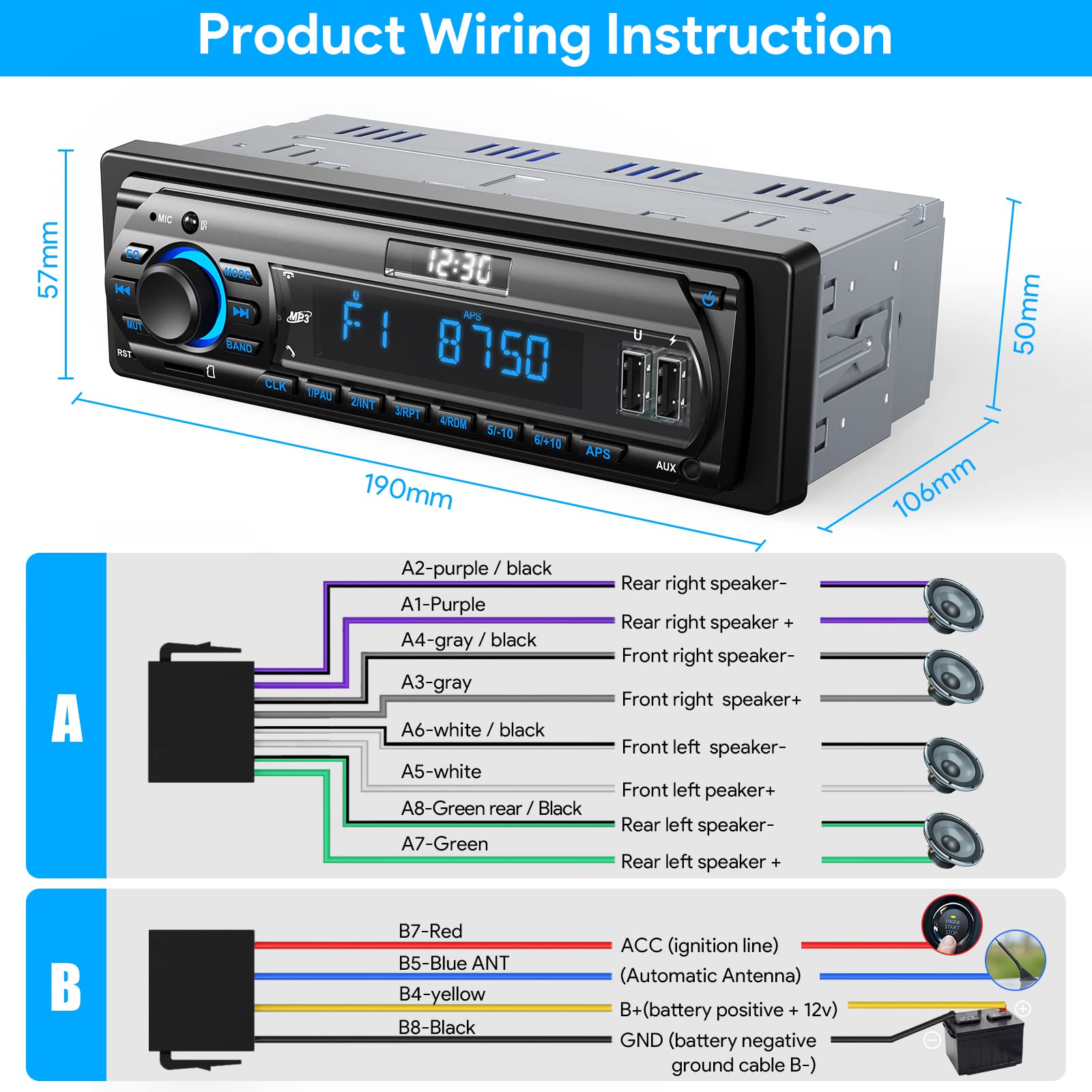RDS Car Stereo Bluetooth 5.0 Receiver - 9-24V Universal Car Radio with Hands-Free Calling, FM/AM Radio, 4x65W Output, LCD Display & 7-Color LED Lighting - MP3 Player Supports USB/AUX/SD - Perfect for Road Trips & Daily Commuting