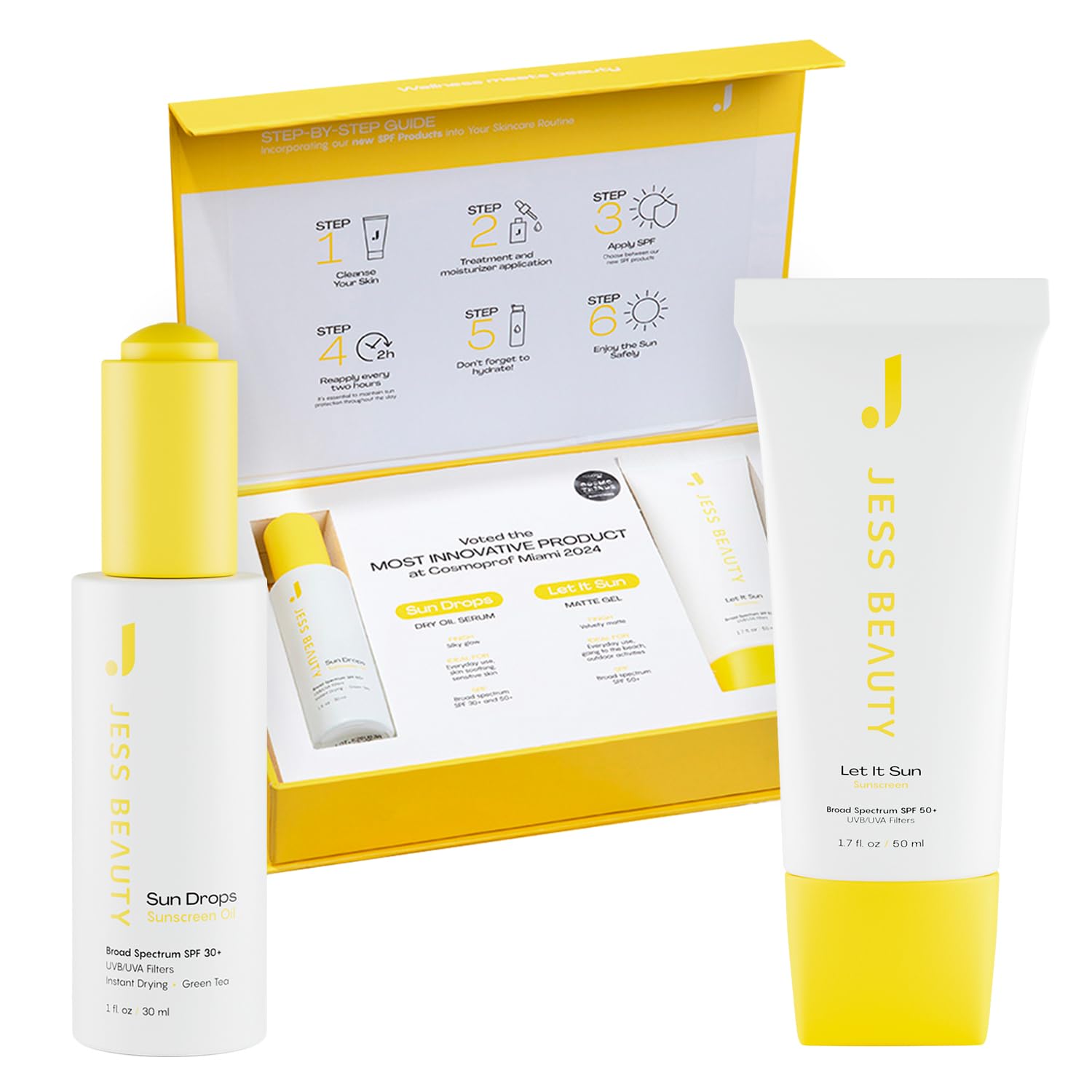 JESS BEAUTY SPF 50+ Face Sunscreen & SPF 30 Sun Drops Set - 1.7oz & 1oz Oil-Free Moisturizing Sun Protection for Daily Use, Travel & Outdoor Activities